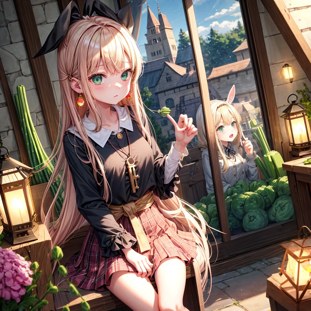 pink blonde、green eyes、one good looking girl、solo、anime、plaid mini skirt、the skirt has buttons、black camisole、black t-shirt、dress、wearing a ribbon、ribbon at waist、cloak、hood、clouds are swirling、stone slabs are piled up、one hand raised、crystal earrings、vegetable garden、monster castle、ceiling、golden key、jewelry necklace、Light and shadow、window、Hundreds of Ghosts at Night、lantern、sitting、legs crossed、mirror、Carrot、asparagus、tomato、green pepper、tunnel、Clock