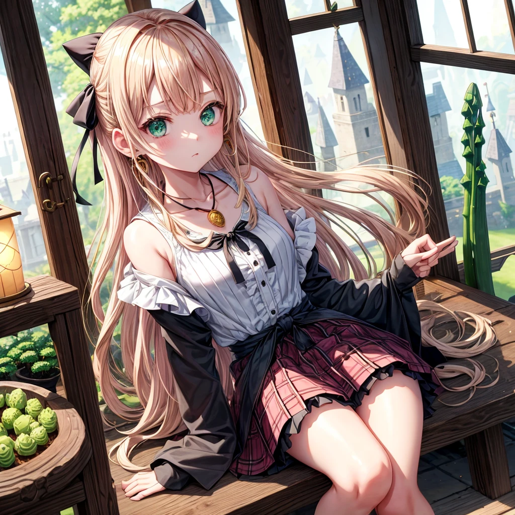 pink blonde、green eyes、one good looking girl、solo、anime、plaid mini skirt、the skirt has buttons、black camisole、black t-shirt、dress、wearing a ribbon、ribbon at waist、cloak、hood、clouds are swirling、stone slabs are piled up、one hand raised、crystal earrings、vegetable garden、monster castle、ceiling、golden key、jewelry necklace、Light and shadow、window、Hundreds of Ghosts at Night、lantern、sitting、legs crossed、mirror、Carrot、asparagus、tomato、green pepper、tunnel、Clock