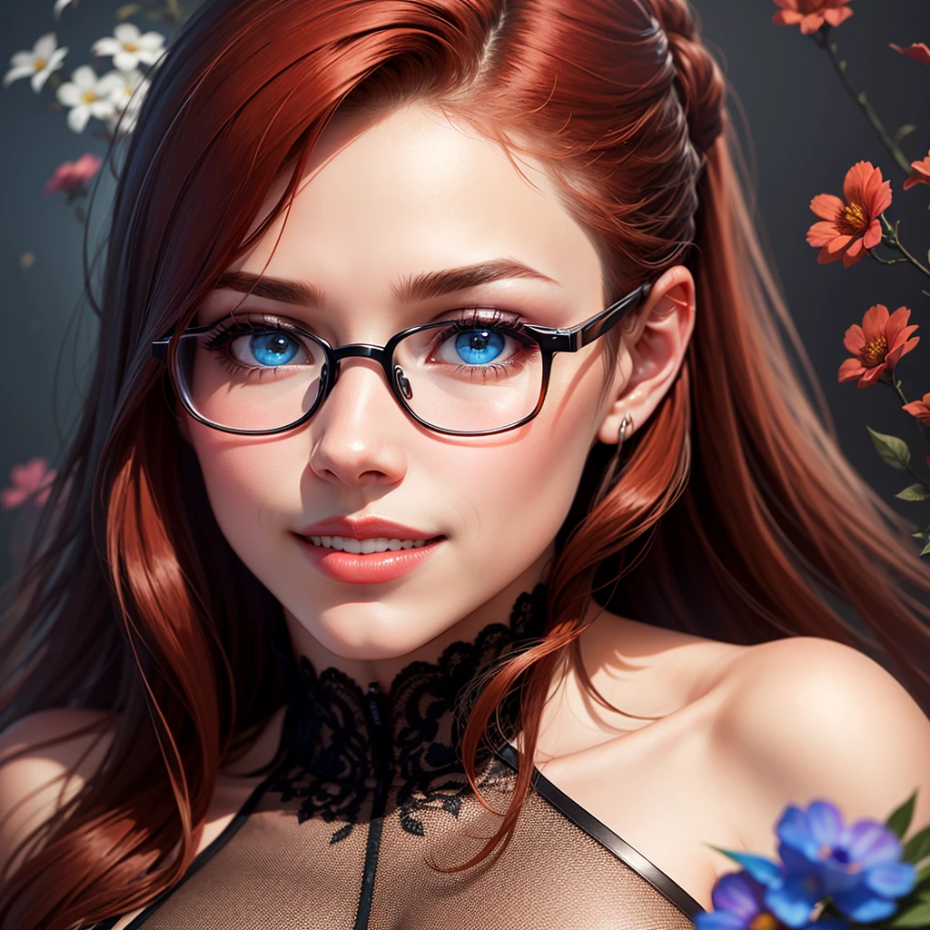 create banner with background with blue flowers, with realistic female human face with brown to black skin, blue eyes, thick and well-defined eyeblue, upturned nose, from the region of Brazil. long dark red hair, red lipstick, full lips, smile, full lips.
add glasses to face, glasses. modern and elegant frame model in metal or acetate, and can have celebrated colors such as black, brown, red, among others. Lenses can be transparent or have a slight tint.