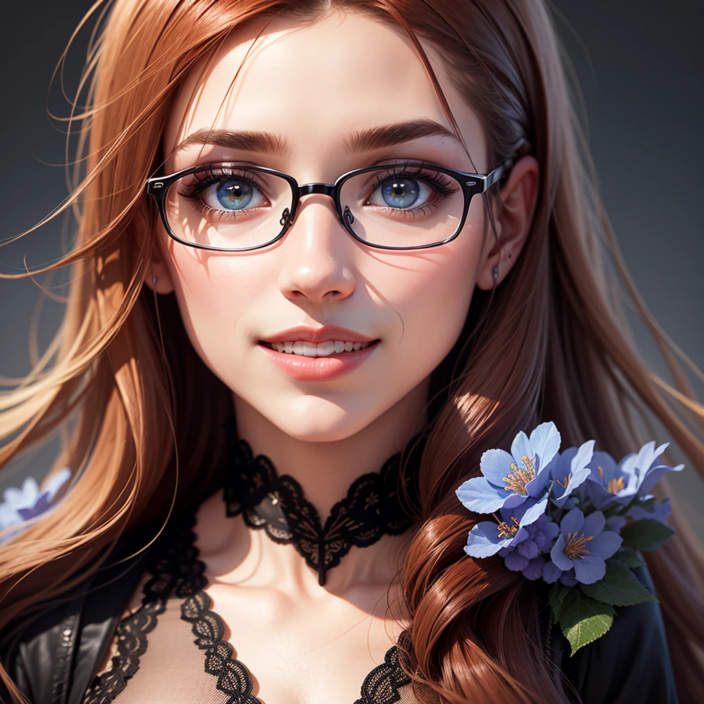 create banner with background with blue flowers, with realistic female human face with brown to black skin, blue eyes, thick and well-defined eyeblue, upturned nose, from the region of Brazil. long dark red hair, red lipstick, full lips, smile, full lips.
add glasses to face, glasses. modern and elegant frame model in metal or acetate, and can have celebrated colors such as black, brown, red, among others. Lenses can be transparent or have a slight tint.