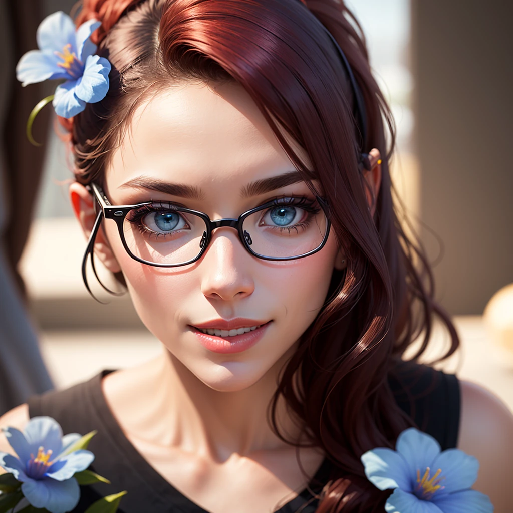 create banner with background with blue flowers, with realistic female human face with brown to black skin, blue eyes, thick and well-defined eyeblue, upturned nose, from the region of Brazil. long dark red hair, red lipstick, full lips, smile, full lips.
add glasses to face, glasses. modern and elegant frame model in metal or acetate, and can have celebrated colors such as black, brown, red, among others. Lenses can be transparent or have a slight tint.