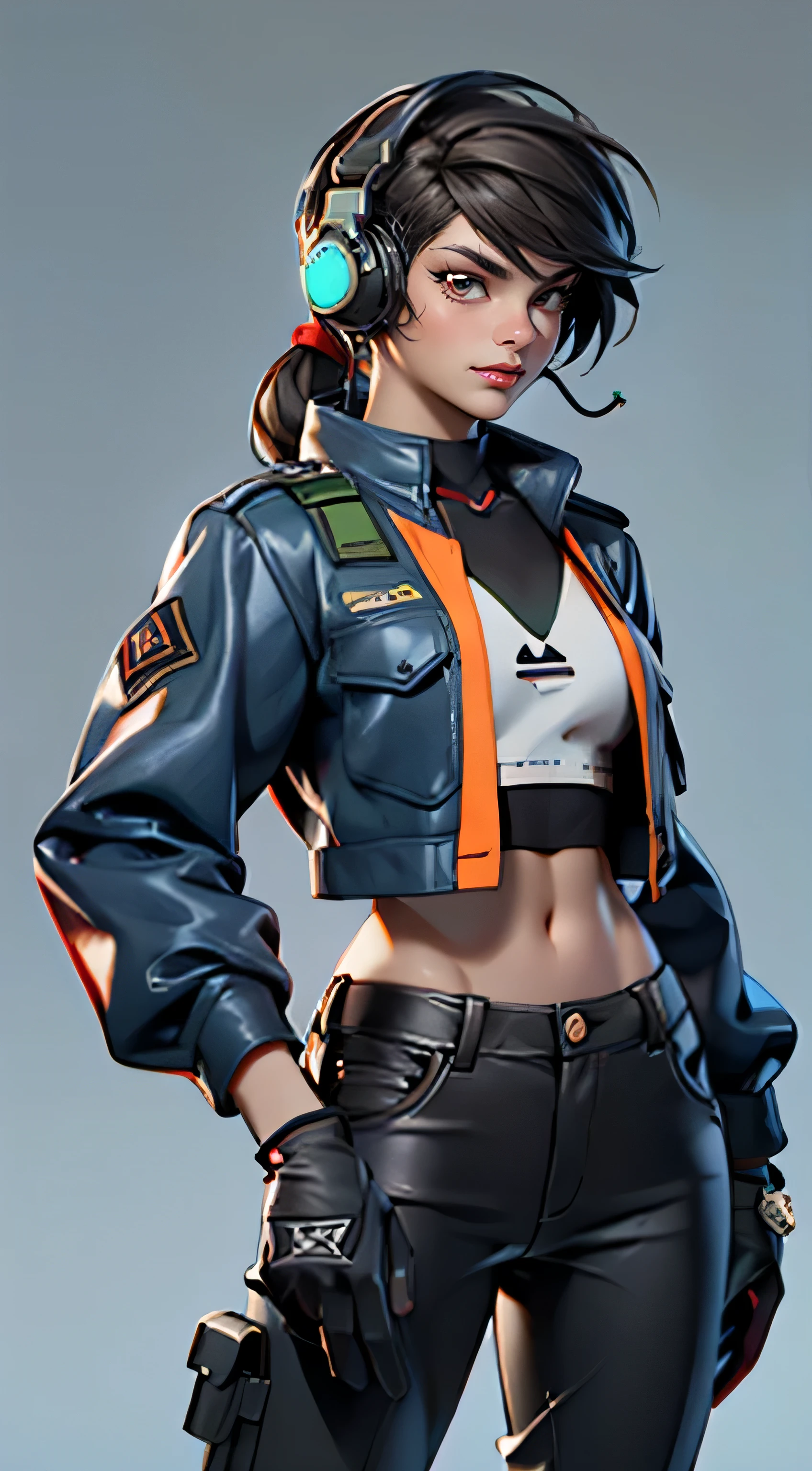 11:23(((best quality: 1.4))),(Unparalleled masterpiece), (ultra high definition),(Hyper-realistic 8K CG)、(one hand making movements),(dark hair),Headphone equipment,(girl), ((( Body))), (((1 girl in))), 25-year-old American soldier with perfect Body,,Beautiful and well groomed face,muscular Body:1.2,Solid color jeweled jacket with details, (Pictures from head to thighs), Complex equipment, orange color,fluorescent green stripes,trousers,The clothes inside are orange color,Clothes with armored metal electronic parts, poison tattoo )