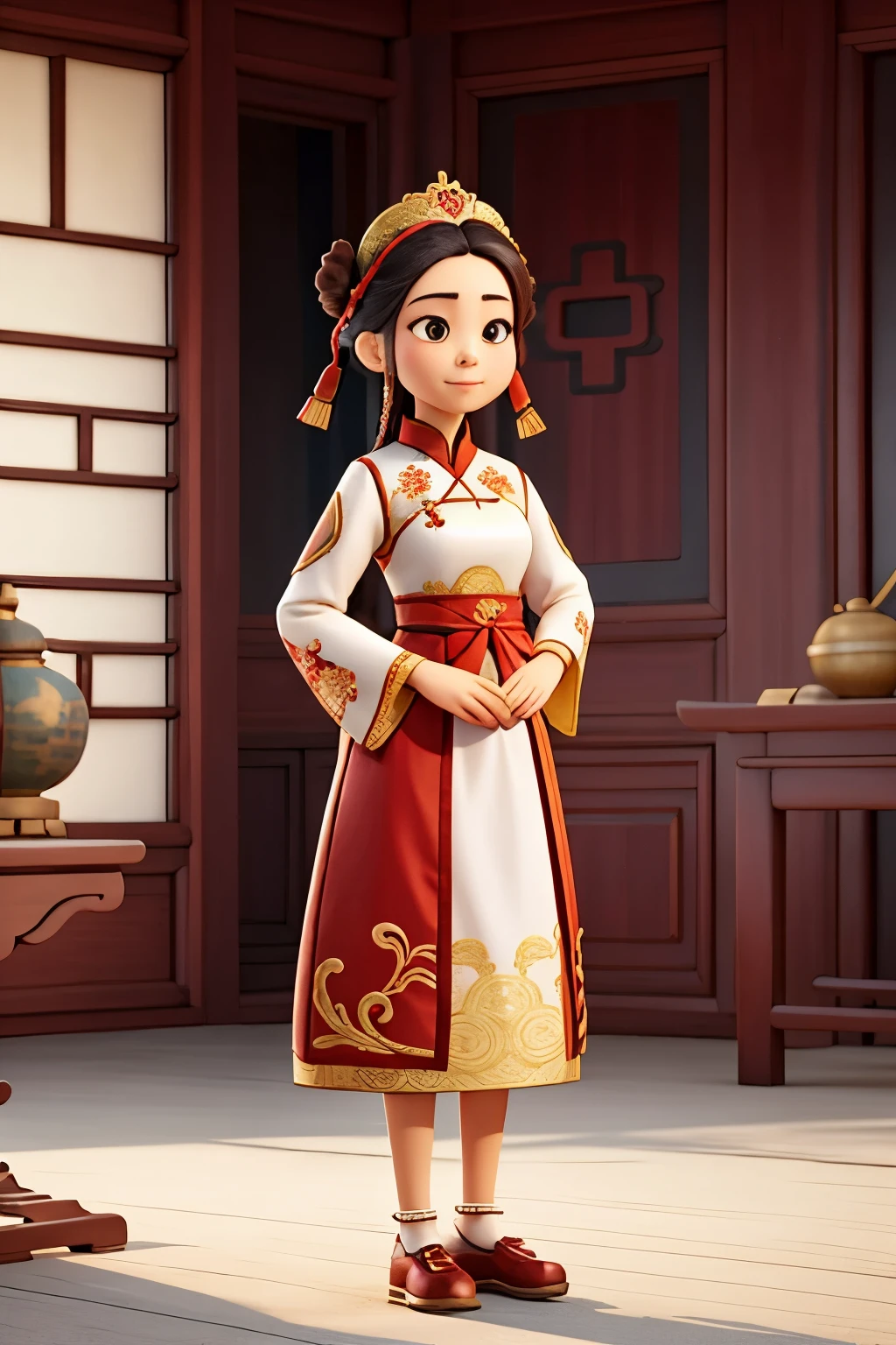arafed woman in a red and white dress with a crown on her head, with acient chinese clothes, chinese costume, inspired by Miao Fu, traditional chinese, inspired by Guo Xi, wearing ancient chinese clothes, inspired by Xu Xi, traditional tai costume, a young woman as genghis khan, inspired by Dai Xi, traditional chinese clothing
