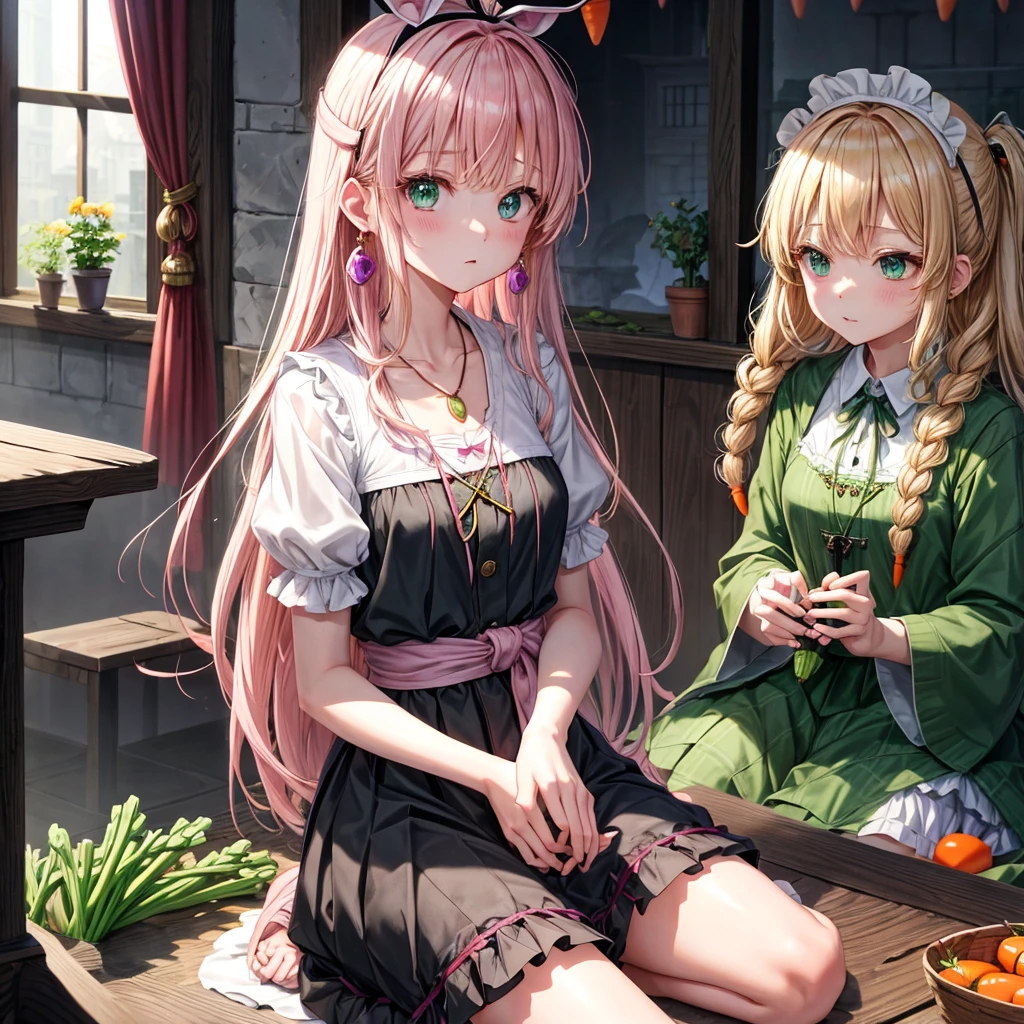 pink blonde、green eyes、one good looking girl、solo、anime、plaid mini skirt、the skirt has buttons、black camisole、black t-shirt、dress、wearing a ribbon、ribbon at waist、cloak、hood、clouds are swirling、stone slabs are piled up、one hand raised、crystal earrings、vegetable garden、monster castle、ceiling、golden key、jewelry necklace、Light and shadow、window、Hundreds of Ghosts at Night、lantern、sitting、legs crossed、mirror、Carrot、asparagus、tomato、green pepper、tunnel、Clock