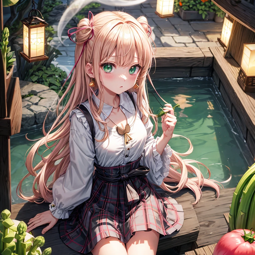 pink blonde、green eyes、one good looking girl、solo、anime、plaid mini skirt、the skirt has buttons、black camisole、black t-shirt、dress、wearing a ribbon、ribbon at waist、cloak、hood、clouds are swirling、stone slabs are piled up、one hand raised、crystal earrings、vegetable garden、monster castle、ceiling、golden key、jewelry necklace、Light and shadow、window、Hundreds of Ghosts at Night、lantern、sitting、legs crossed、mirror、Carrot、asparagus、tomato、green pepper、tunnel、Clock
