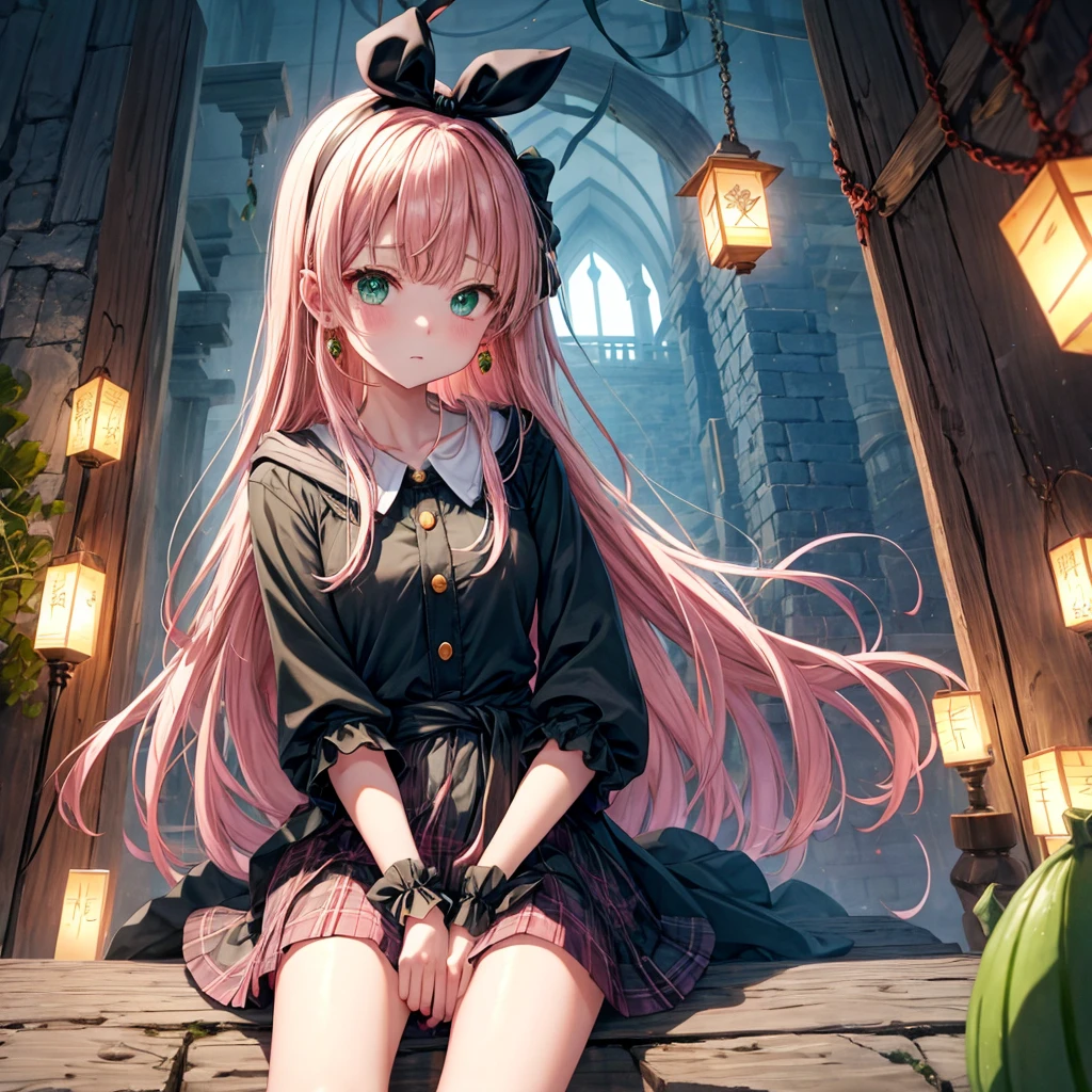 pink blonde、green eyes、one good looking girl、solo、anime、plaid mini skirt、the skirt has buttons、black camisole、black t-shirt、dress、wearing a ribbon、ribbon at waist、cloak、hood、clouds are swirling、stone slabs are piled up、one hand raised、crystal earrings、vegetable garden、monster castle、ceiling、golden key、jewelry necklace、Light and shadow、window、Hundreds of Ghosts at Night、lantern、sitting、legs crossed、mirror、Carrot、asparagus、tomato、green pepper、tunnel、Clock