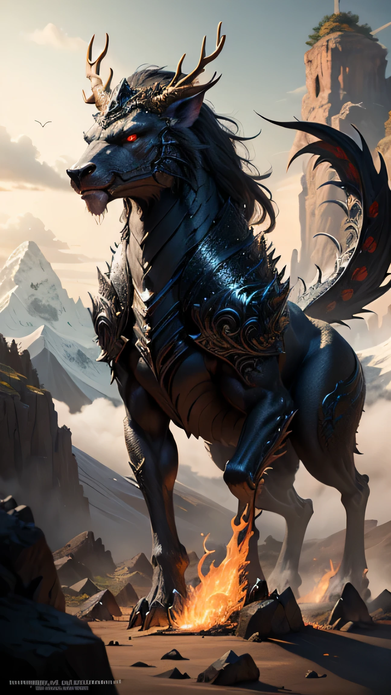masterpiece,expensive、expensive品質,high resolution resolution,16k,realistic,(mountains and sea),evil monsters from hell,devil,ferocious,Cruel,old,Black-green scales,Four-legged walking,Deer horn,mane hair,,sharp nails,beast of prey,Fangs and sharp teeth,sparkling red eyes,huge body,Full body Esbian,Make use of flames,use ice magic,Ice and Fire Magic,chinese mythology,oriental elements,epic myth fantasy,digital art fantasy,ancient myths and mythical creatures,Complex fantasy illustrations, detailed fantasy illustration, highly detailed fantasy, A beautifully detailed fantasy, magic highly detailed fantasy, highly detailed fantasy art, Epic Rivendell Fantasy, detailed fantasy digital art, detailed fantasy art