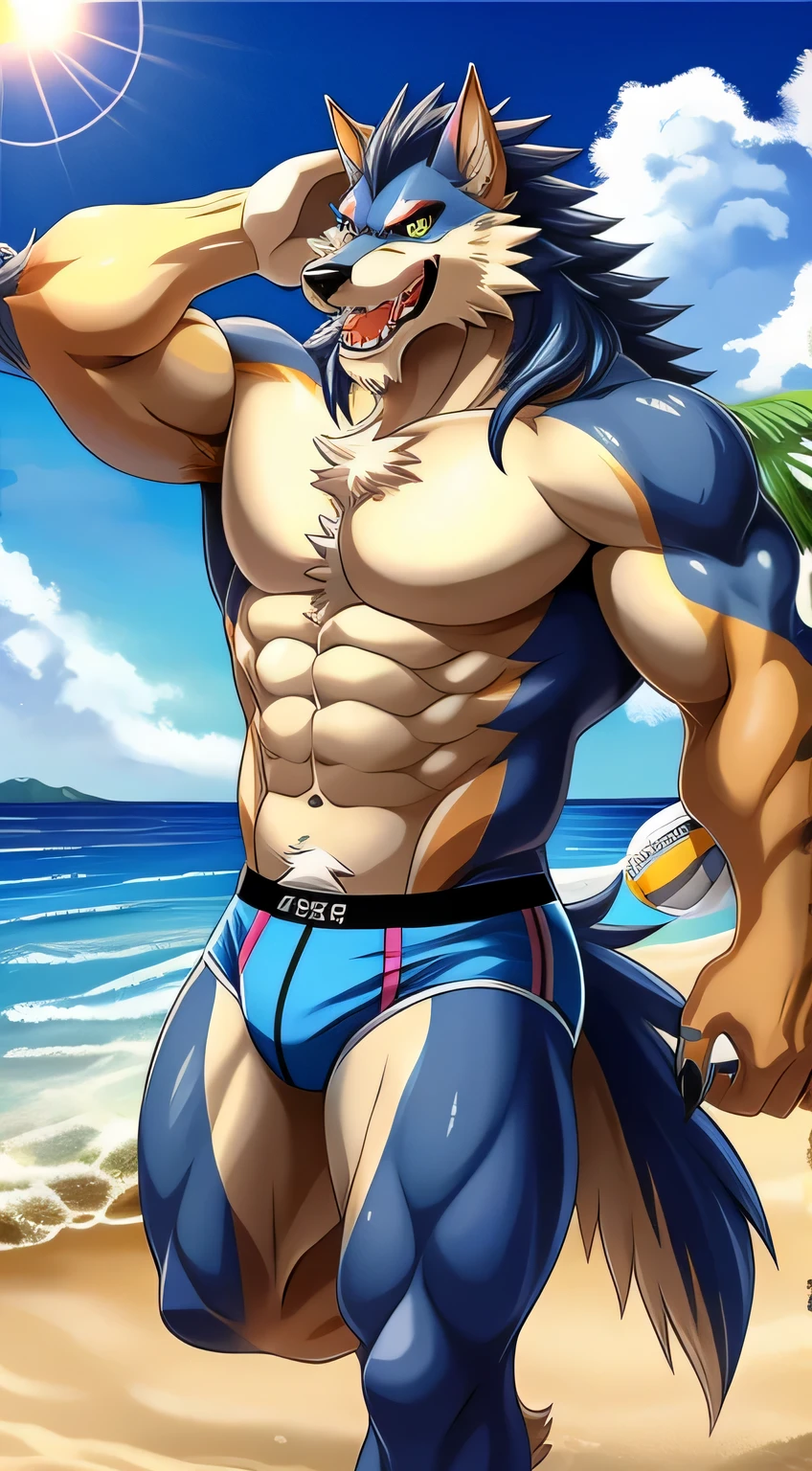Handsome,Male werewolves,Strong,nine-headed statue,beach,Play volleyball,summer,Japanese anime style,swim briefs,HD,warm color