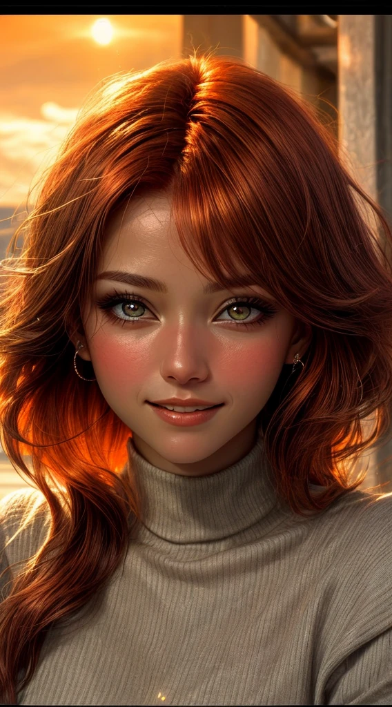 A close-up of a woman's face, bathed in warm orange hues, as if lit by the soft glow of a sunset, her eyes sparkling with joy and contentment, framed by wisps of flowing auburn hair, Photography, shot with a 35mm lens