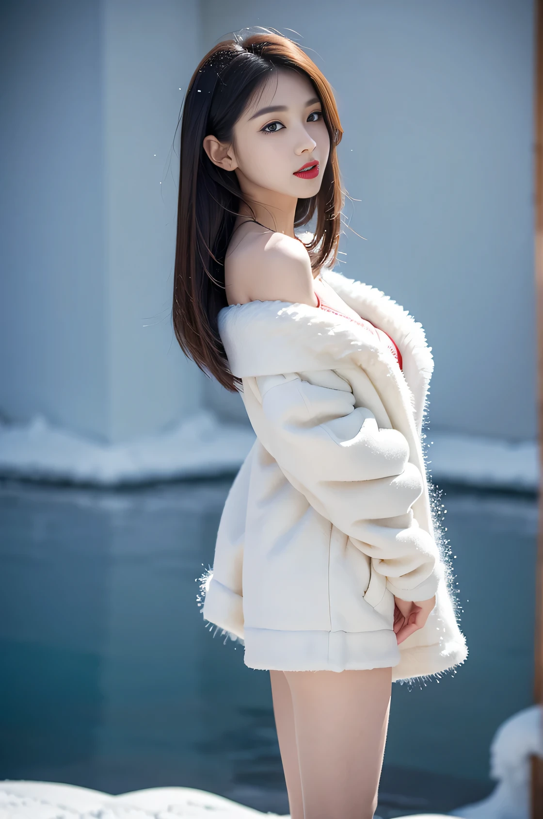 best quality, 4k, 8k, Detailed face, clear face, a pretty girl,Exquisite Makeup, Red lips,laugh, perfect body,shoulder-length straight bob hair,small head,small face,big watery eyes,small breasts,thigh,slim,thin, The girl wears a wide white mink fur coat, Underneath the jacket was White sweater and denim pants, Snowscape, winter, snow town,from back，Tight hip-hugging low-waisted miniskirt