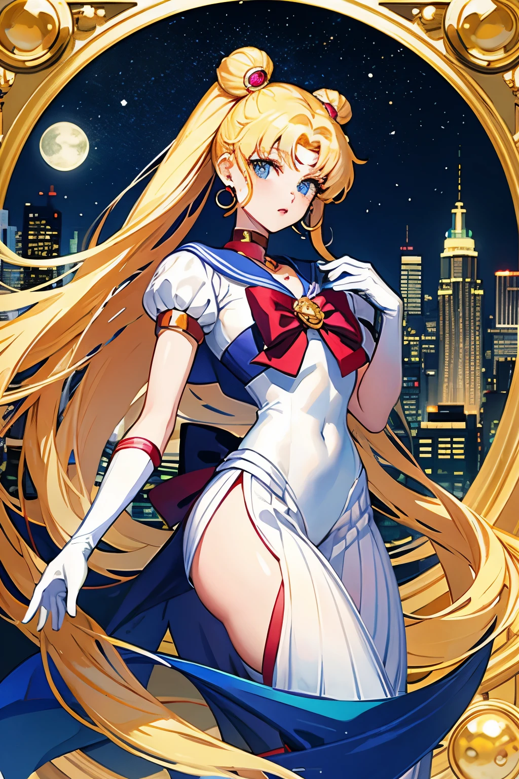 (masterpiece, best quality:1.2), Sailor Moon,1 girl, alone,blonde hair,long hair,jewelry,whole body,double tail,White gloves