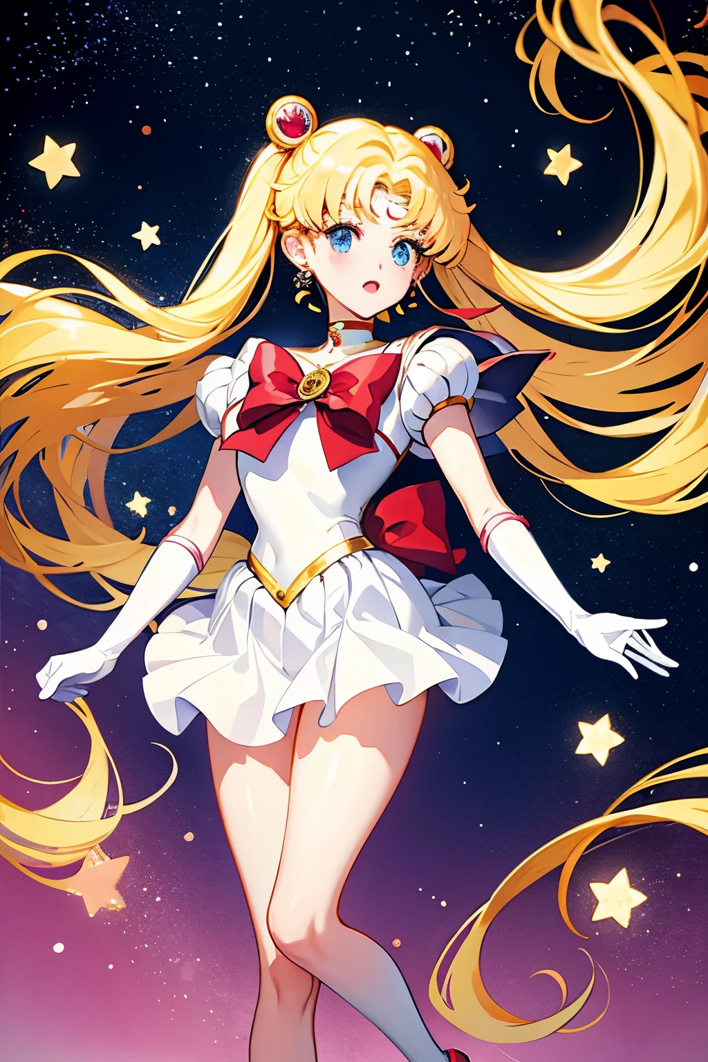 (masterpiece, best quality:1.2), Sailor Moon,1 girl, alone,blonde hair,long hair,jewelry,whole body,double tail,White gloves