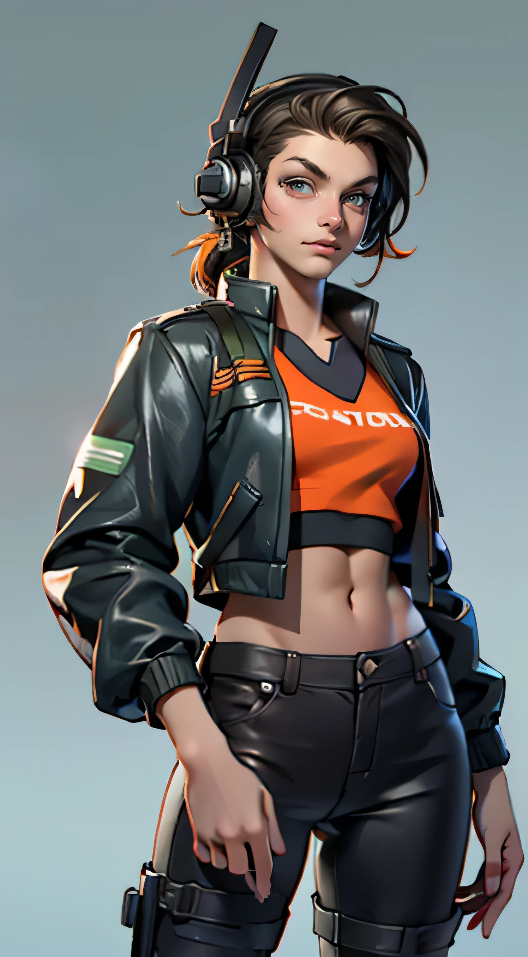 11:23(((best quality: 1.4))),(Unparalleled masterpiece), (ultra high definition),(Hyper-realistic 8K CG)、（one hand making movements），（dark straight hair），Headphone equipment，（girl）， ((( Body))), (((1 girl in))), 25-year-old American soldier with perfect Body,,Beautiful and well groomed face,muscular Body:1.2,Solid color jeweled jacket with details, (Pictures from head to thighs)， Complex equipment, orange color，fluorescent green stripes，trousers，The clothes inside are orange color，Clothes with armored metal electronic parts, poison tattoo )