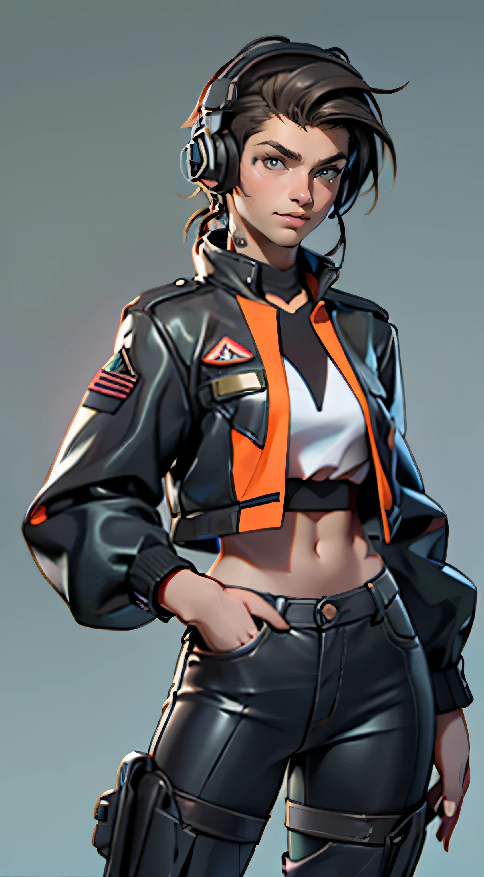 11:23(((best quality: 1.4))),(Unparalleled masterpiece), (ultra high definition),(Hyper-realistic 8K CG)、(one hand making movements),(dark straight hair),Headphone equipment,(girl), ((( Body))), (((1 girl in))), 25-year-old American soldier with perfect Body,,Beautiful and well groomed face,muscular Body:1.2,Solid color jeweled jacket with details, (Pictures from head to thighs), Complex equipment, orange color,fluorescent green stripes,trousers,The clothes inside are orange color,Clothes with armored metal electronic parts, poison tattoo )
