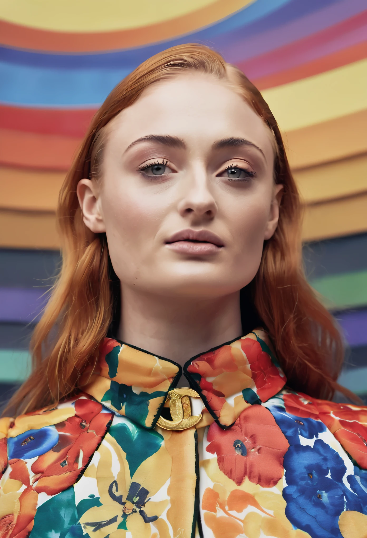 Portrait Photography of ((Sophie Turner)) female model, professional photoshoot, classic haute couture:0.7, glitch aesthetic:0.3, haute couture , torso shot, medium shot, glamour shot, by Chanel winter collection, high fashion creator, day light, fashion photo shoot light