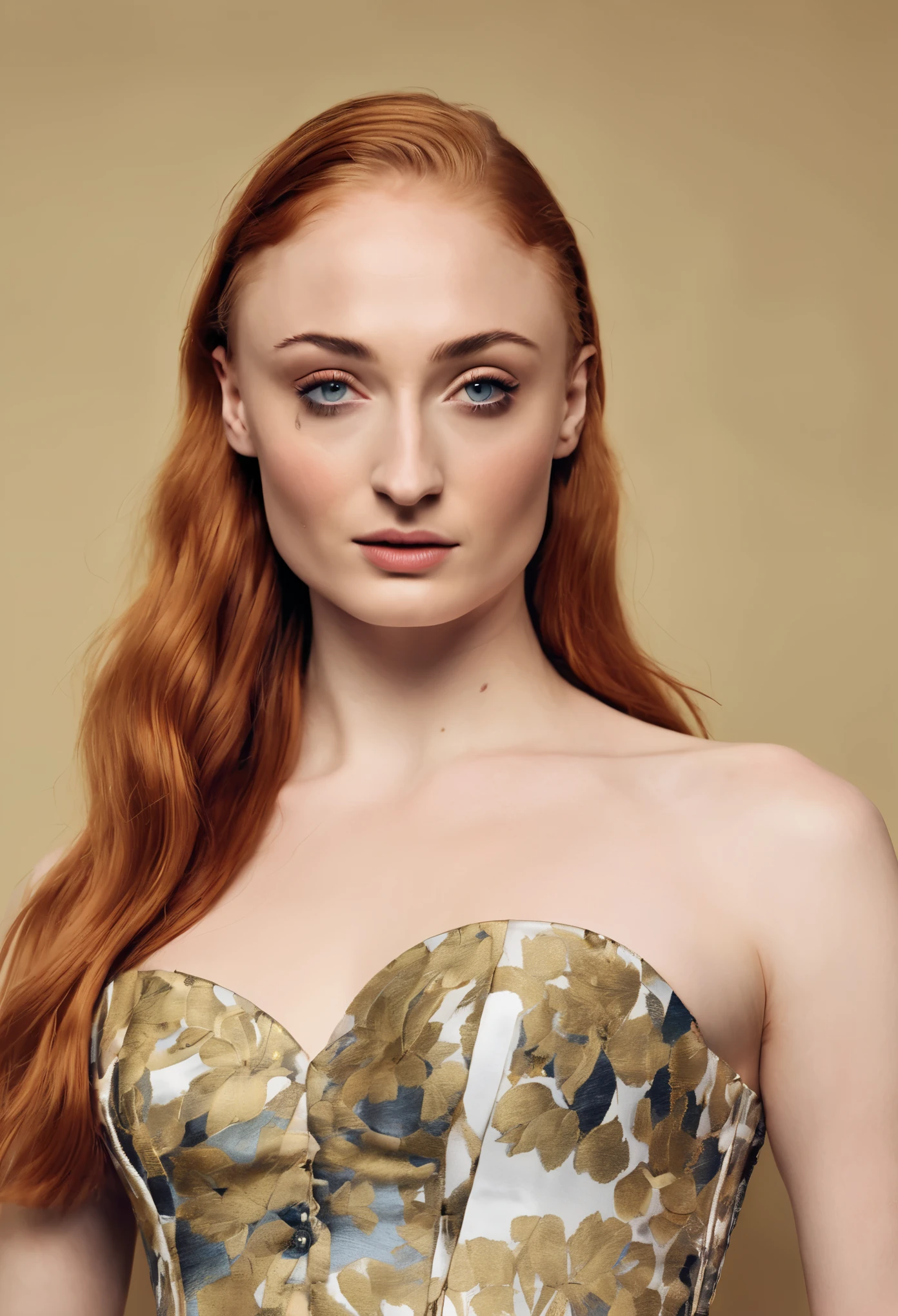 Portrait Photography of ((Sophie Turner)) female model, professional photoshoot, classic haute couture:0.7, glitch aesthetic:0.3, haute couture , torso shot, medium shot, glamour shot, by Chanel winter collection, high fashion creator, day light, fashion photo shoot light