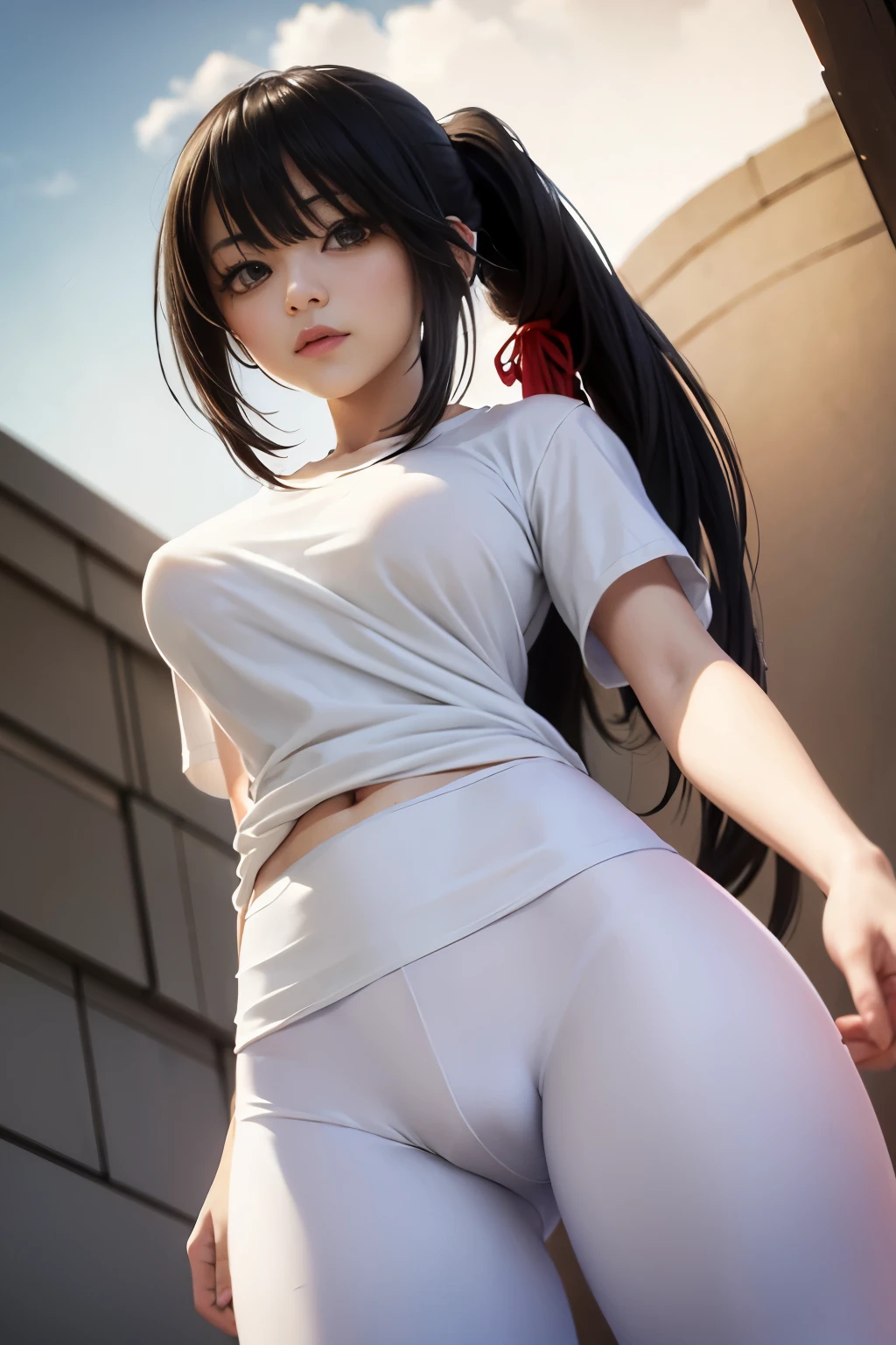 Optimal,masterpiece,High resolution,highest quality,in town、(cowboy shot)、cute face,,black hair、long hair、twin tails、 ((scarlet eyes)),long eyelashes,drooping corners of the eyes,Are standing、thin legs、white skin,((Shoot from below:1.5)), ((Wearing a tight white t-shirt:1.5)), ((tight yoga pants)). ((pointed nipples))、rocket tits , big breasts,