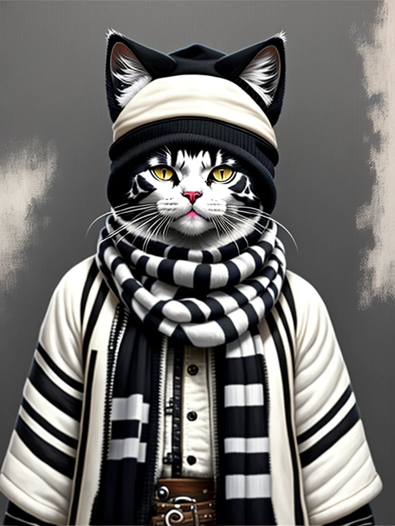 Painting depicting a white black cat in a hat and scarf, Popular at the art station, dressed in punk clothes, Detailed hyper-realistic rendering, british gang member, Street style, intimidating pose, planet of cats, Clothes with fashion, urban samurai, meow , west slavic traits, 8 1 5