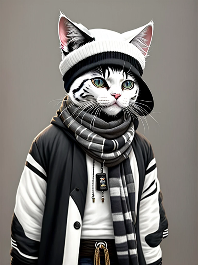 Painting depicting a white black cat in a hat and scarf, Popular at the art station, dressed in punk clothes, Detailed hyper-realistic rendering, british gang member, Street style, intimidating pose, planet of cats, Clothes with fashion, urban samurai, meow , west slavic traits, 8 1 5