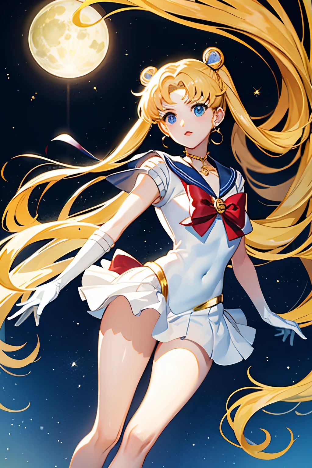 (masterpiece, best quality:1.2), Sailor Moon,1 girl, alone,blonde hair,long hair,jewelry,whole body,double tail,White gloves