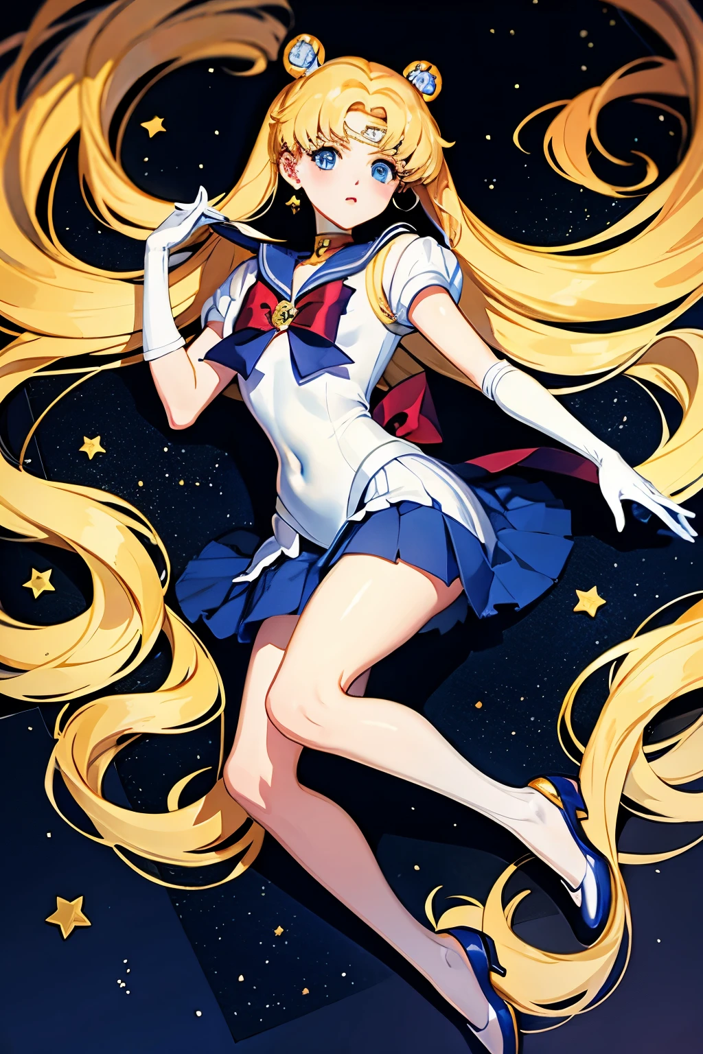 (masterpiece, best quality:1.2), Sailor Moon,1 girl, alone,blonde hair,long hair,jewelry,whole body,double tail,White gloves