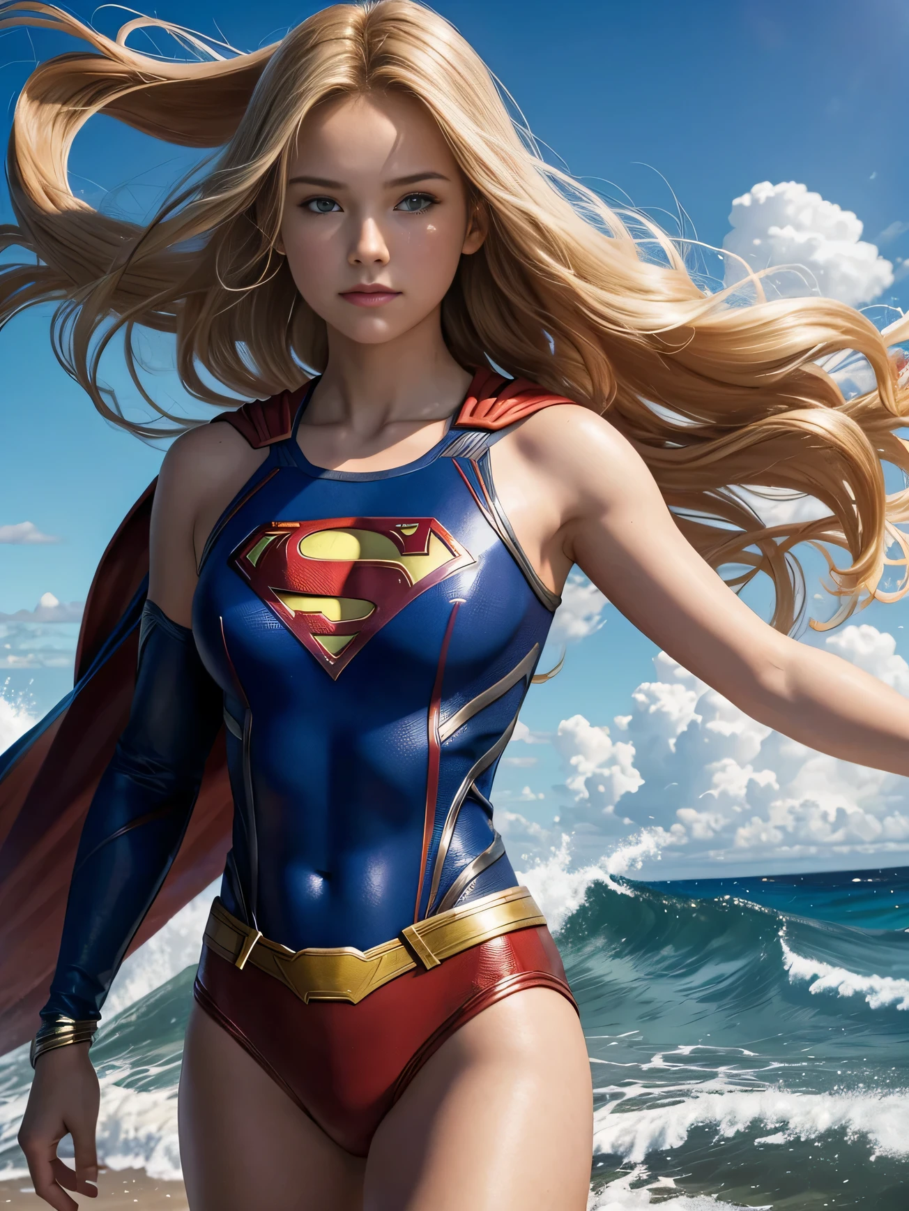16 year-old supergirl in her iconic superman costume standing on the beach, long blonde hair blowing in the beach breeze, realistic skin tones, photorealistic, cinematic, blue skies in background with waves crashing on the shore.