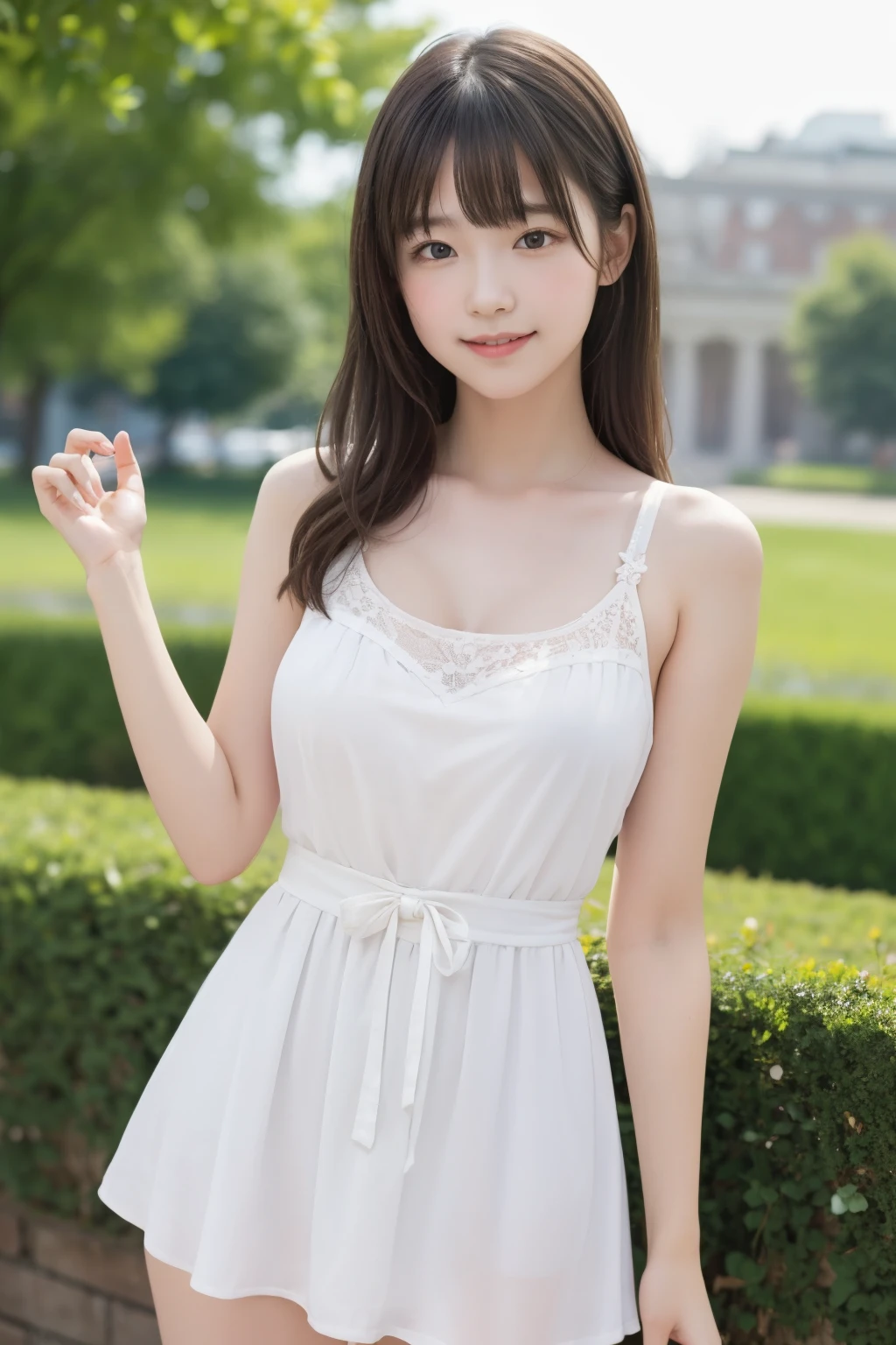 two girls, pretty girl、14 years old, smile, summer mini dress, thighs, underwear、8k, masterpiece, high detail, high quality, High resolution, 最high quality, 16k,
