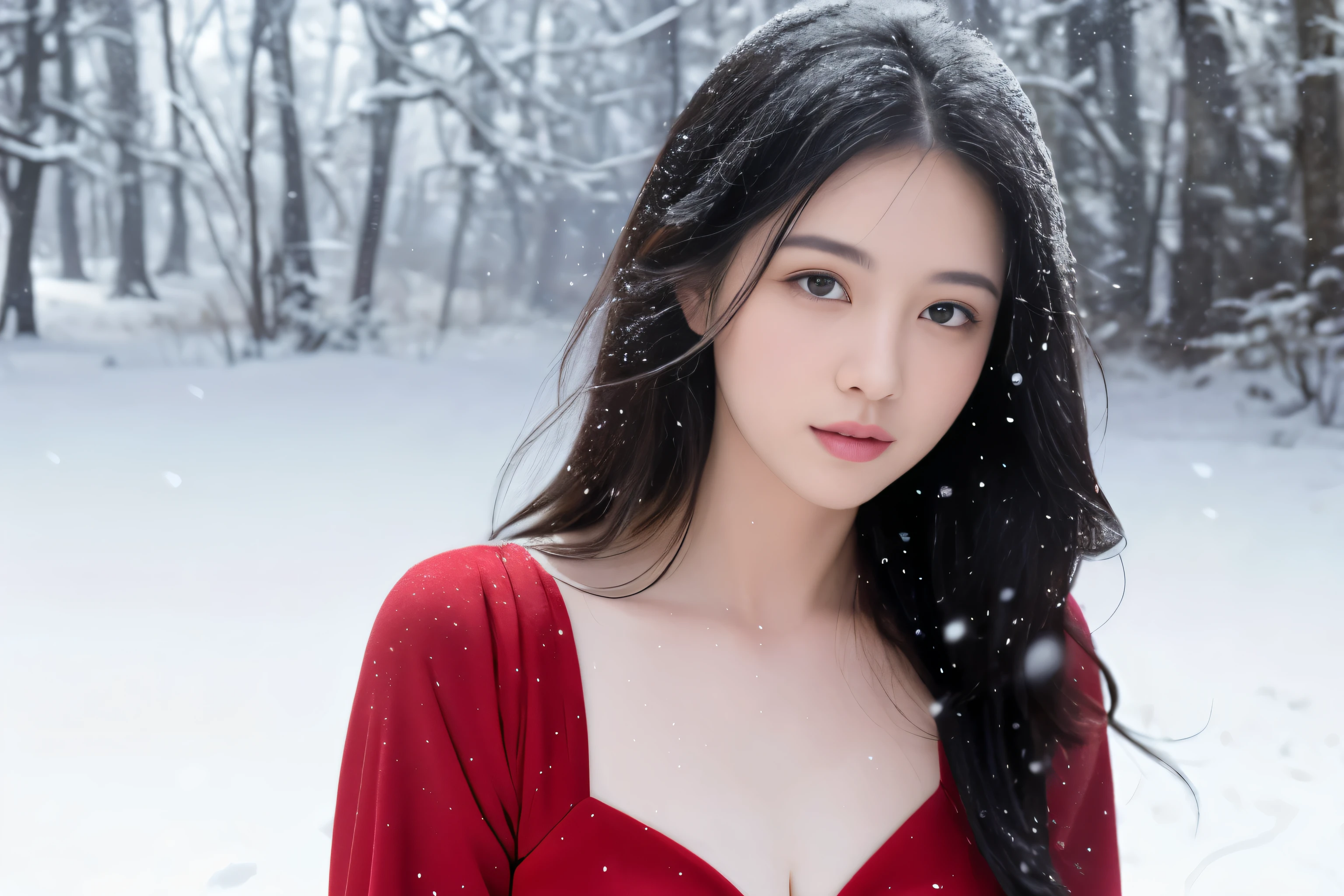 Portrait photography, beautiful girl, long black hair, red dress, Dance, Skirt fluttering, background snow scene, falling snow background, snow, snowflakes, snowing, outdoor, fantasy background,(original photo, best quality), (actual, photo-actual:1.3), masterpiece, extremely delicate and beautiful, high resolution, The original, perfect lighting, (Extremely detailed CG:1.2), Unite, 2k wallpaper, 
Astonishing, fine details