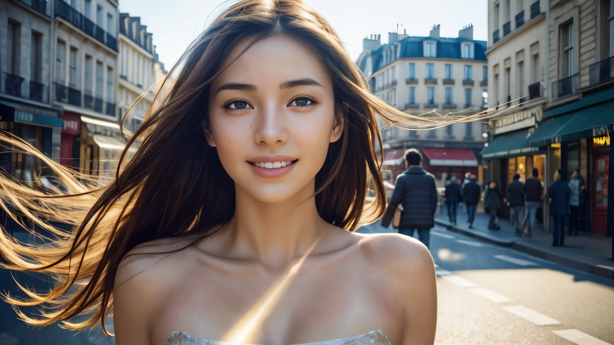 dressed, (photo realistic:1.4), (hyper realistic:1.4), (realistic:1.3), (smoother lighting:1.05), (increase cinematic lighting quality:0.9), 32K, 1girl,20yo girl, realistic lighting, backlighting, light on the face, ray trace, (brightening light:1.2), (Increase quality:1.4), (best quality real texture skin:1.4), finely detailed eyes, finely detailed happy face, finely quality eyes, (tired and sleepy and satisfied:0.0), face closeup, Take a walk on the street of Paris, (Increase body line mood:1.1), (Increase skin texture beauty:1.1)