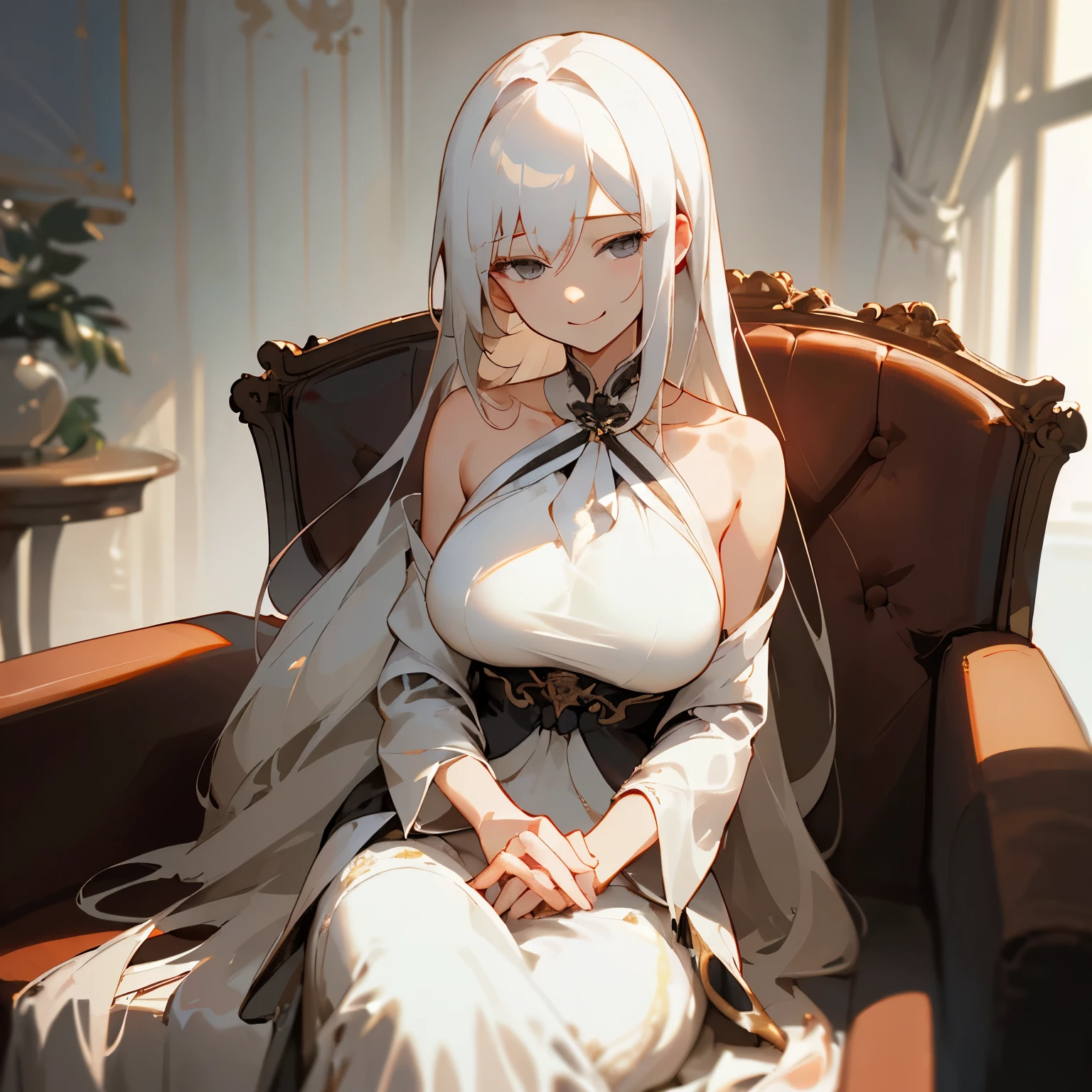 (masterpiece、top-quality)、Hair with a short neckline、big breast , 1 girl with long white hair、elegant brown dress、Smirk、grey eyes、Warm lighting、sitting on a sofa formally, Blurred white foreground、close up