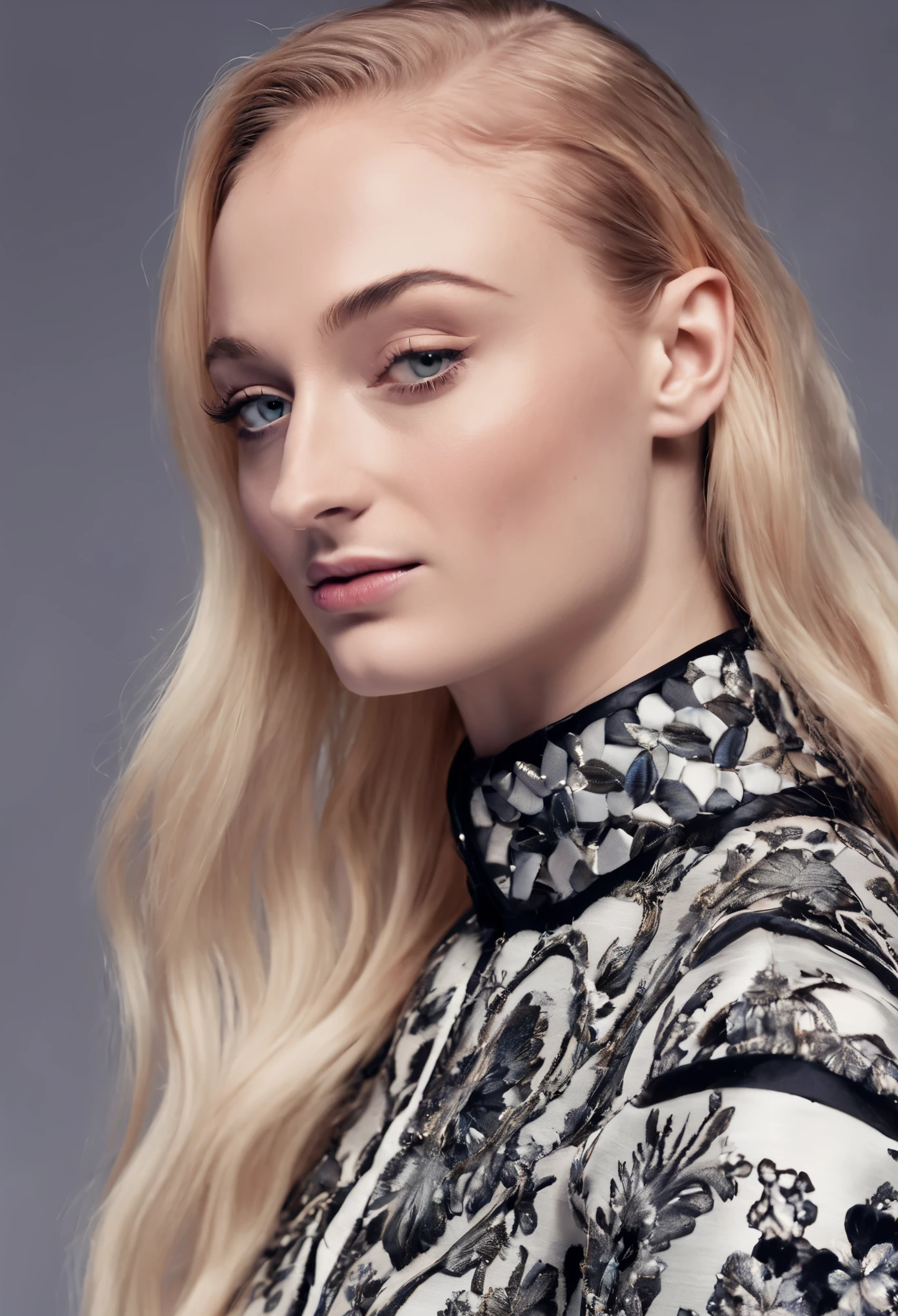 Portrait Photography of ((Sophie Turner)) female model, professional photoshoot, classic haute couture:0.7, glitch aesthetic:0.3, haute couture , torso shot, medium shot, glamour shot, by Chanel winter collection, high fashion creator, day light, fashion photo shoot light