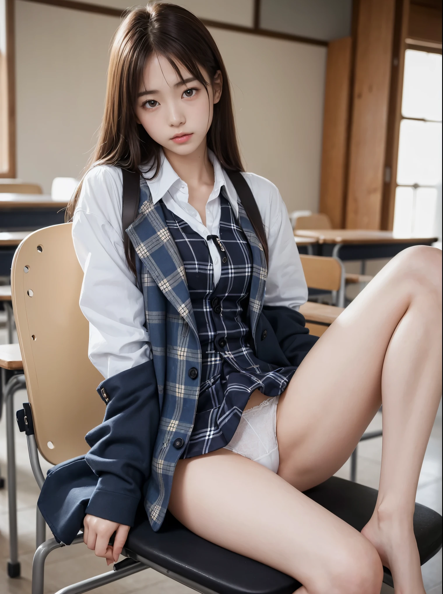 top quality、highest resolution、very very detailed、masterpiece、raw photo、realistic、photorealistic、Very delicate and beautiful.、delicate details、textured skin、1 girl、alone、is it so、18 year old japanese girl、wearing high school、classroom、(body facing the camera:1.3)、(Sit on a school chair with your legs spread to the side.:1.2)、(Show me your white panties:1.2)、Dark blue jacket and plaid skirt、white shirt、tie、Black Loafer’s face is really pretty.:1.5)、tall、brown hair、(bare legs:1.1)、perfect proportions、(No upper body exposure)、(In SFW)