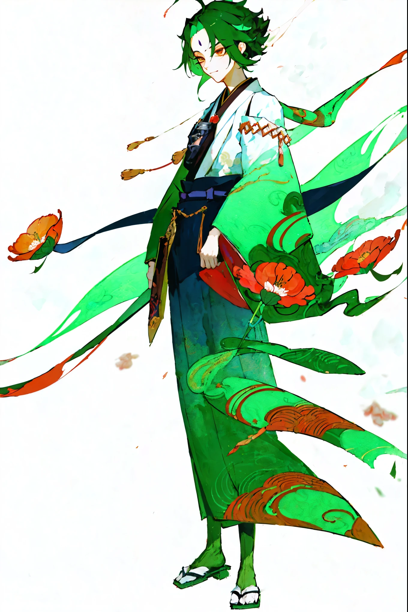 (full body standing painting), solo, masterpiece,best quality,8k,1 boy,dark green hair,best quality,masterpiece,extremely,Eye focus beautiful eyes, Japanese kimono, Red Lycoris, Flowers of Hell,hell dog,(White background), background with,masterpiece, best quality at best, revelation, , Beautiful and detailed light, Beautiful and delicate eyes, diaphragm, Large forehead,Onmyoji Detailed Art, Oriental traditional art style, beautiful painting style, Ukiyo-style, masterpiece, top quality, best quality, ultra high resolution