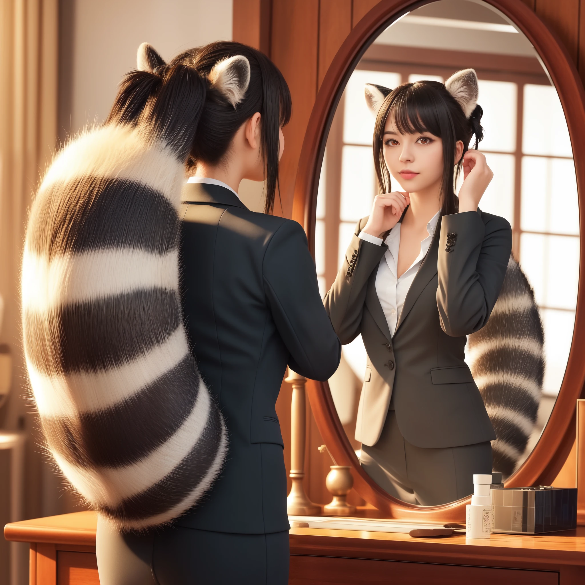 Girl in a business suit looking at herself in the mirror, pov furry art, anthropomorphic raccoon dog, (software) safe for work, commission, software version, high quality, anthro, commission on furaffinity, admire her own reflection, photograph, 最high quality, Bushy tail