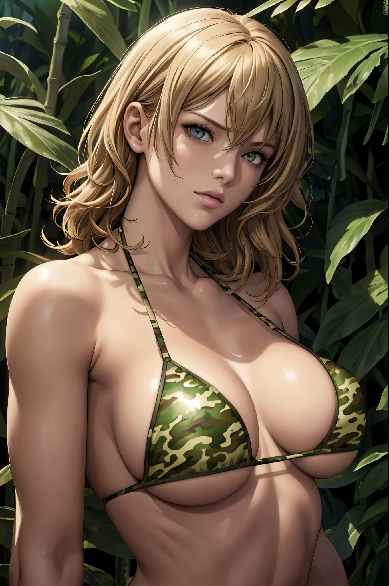 super fine illustration, ultra high resolution, masterpiece, highest quality, perfect shiny shinny skin, perfect lighting, detailed lighting, dramatic shadow, ray tracing, 1 beautiful white milf, looking at the viewer, ((small breasts:1.5)), ((beautiful detailed hazel eyes)), sharp face, clear eyes, long bang, ((medium curly hair)), ((blond hair)), ((in jungle:1.2)), ((Upper body:1.35)), ((camouflage bikini:1.35)), military harness, Alice Abernathy - Resident Evil Series, Milla Jovovich,