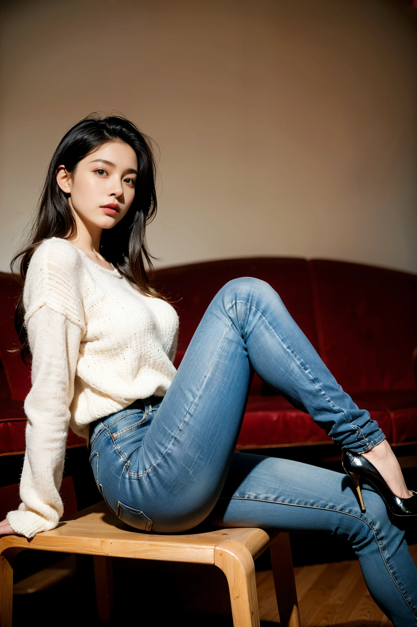 masterpiece, extremery magnificent view, perspective, extremery best quality, extremery detailed CG, 8k wallpaper, high resolution, highly detaiiled face, highly detaiiled eyes,perfect anatomy,super detailed skin,
(dynamic angle, dynamic pose:1.2),  indoors, living room, window, (portrait, legs focus, close up one eye:1.3), (beautiful legs:1.3),
1 male, solo, (t-shirts, skinny jeans:1.3), long sleeves, medium breasts, black hair, long hair, floating hair, bobbed hair, (ankle socks:1.3), brown eyes, (on couch, sitting:1.3), (spread legs:1.2), BREAK, (torn jeans:1.3), (abs, navel, :0.8), arms up, skinny, slender, nsfw，(Very huge ass:1.3)