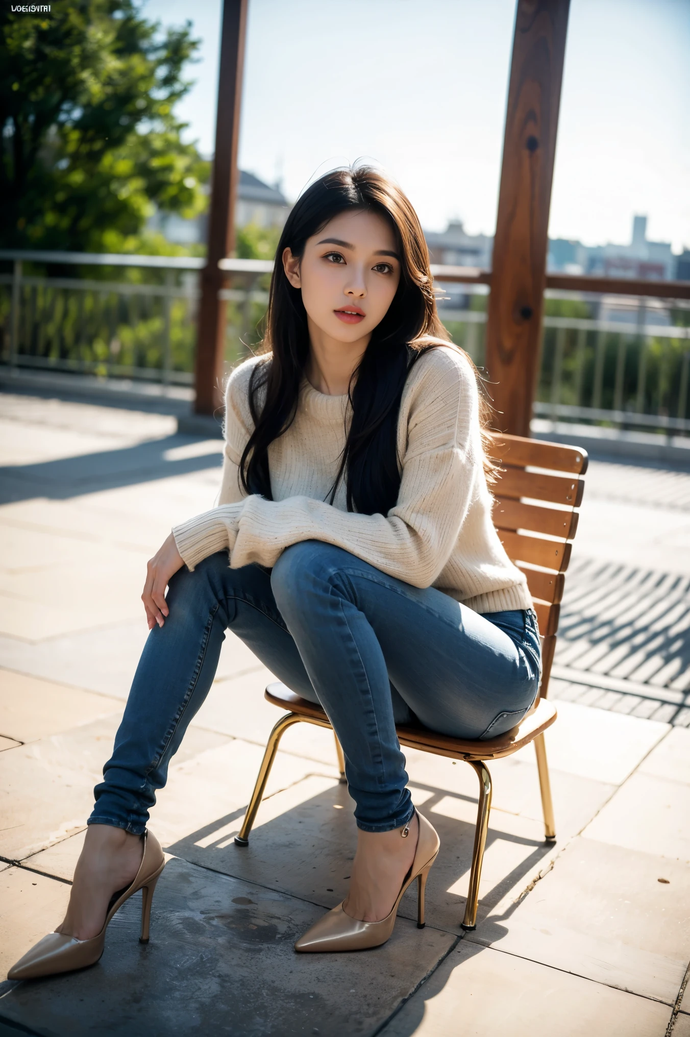 Araffe sitting on a bench in a city park wearing high heels - SeaArt AI