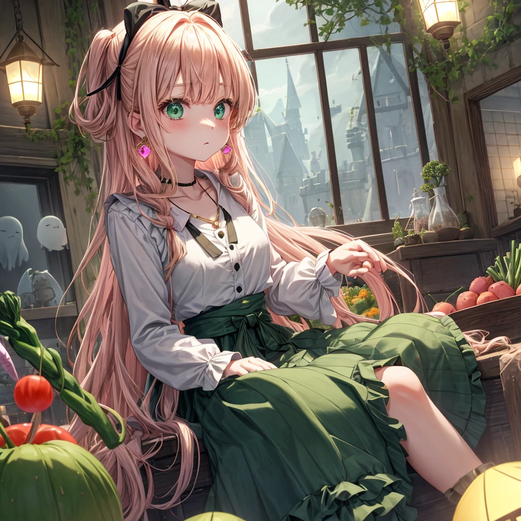 pink blonde、green eyes、one good looking girl、solo、anime、plaid mini skirt、the skirt has buttons、black camisole、black t-shirt、dress、wearing a ribbon、ribbon at waist、cloak、hood、clouds are swirling、stone slabs are piled up、one hand raised、crystal earrings、vegetable garden、monster castle、ceiling、golden key、jewelry necklace、Light and shadow、window、Hundreds of Ghosts at Night、lantern、sitting、legs crossed、mirror、Carrot、asparagus、tomato、green pepper、tunnel、Clock