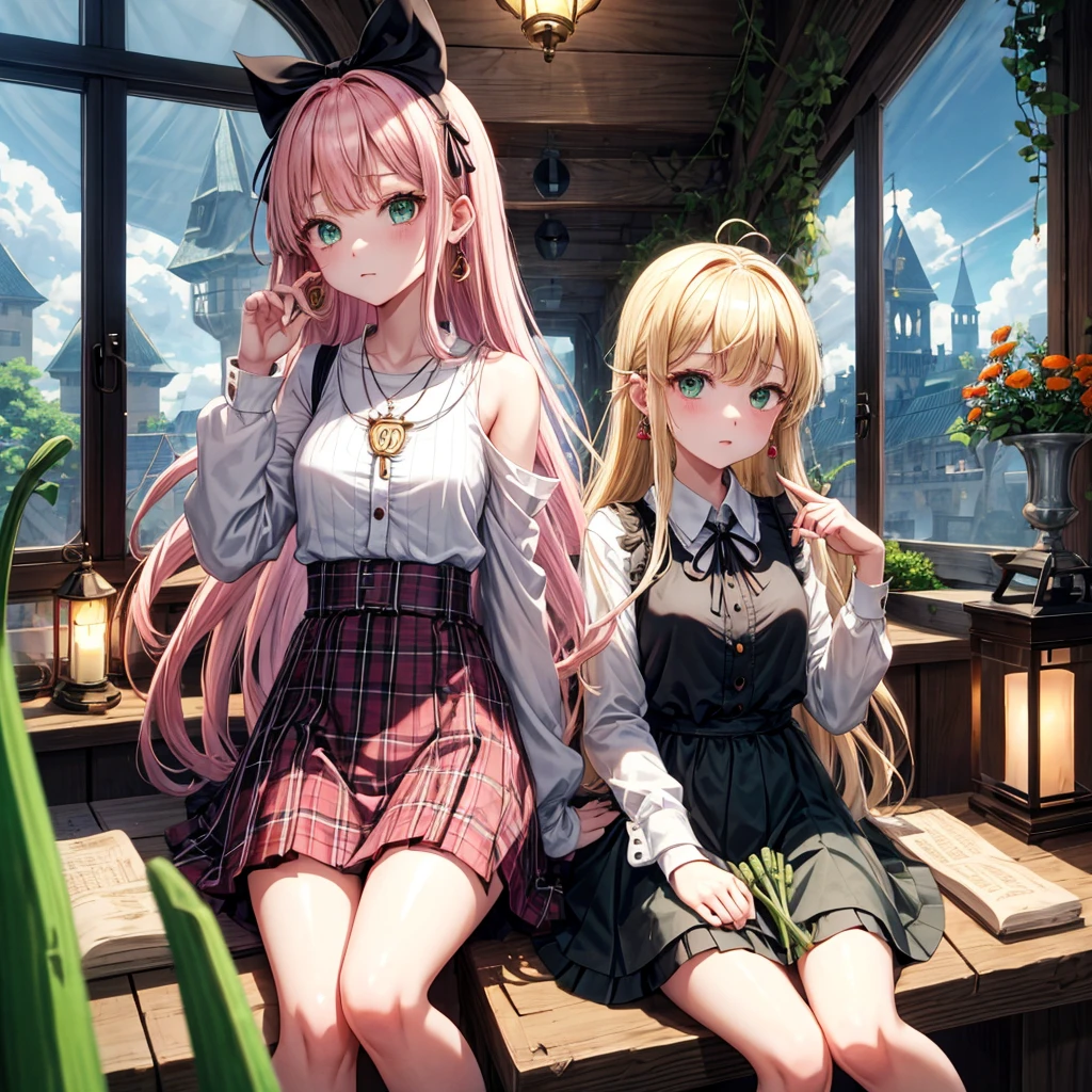pink blonde、green eyes、one good looking girl、solo、anime、plaid mini skirt、the skirt has buttons、black camisole、black t-shirt、dress、wearing a ribbon、ribbon at waist、cloak、hood、clouds are swirling、stone slabs are piled up、one hand raised、crystal earrings、vegetable garden、monster castle、ceiling、golden key、jewelry necklace、Light and shadow、window、Hundreds of Ghosts at Night、lantern、sitting、legs crossed、mirror、Carrot、asparagus、tomato、green pepper、tunnel、Clock