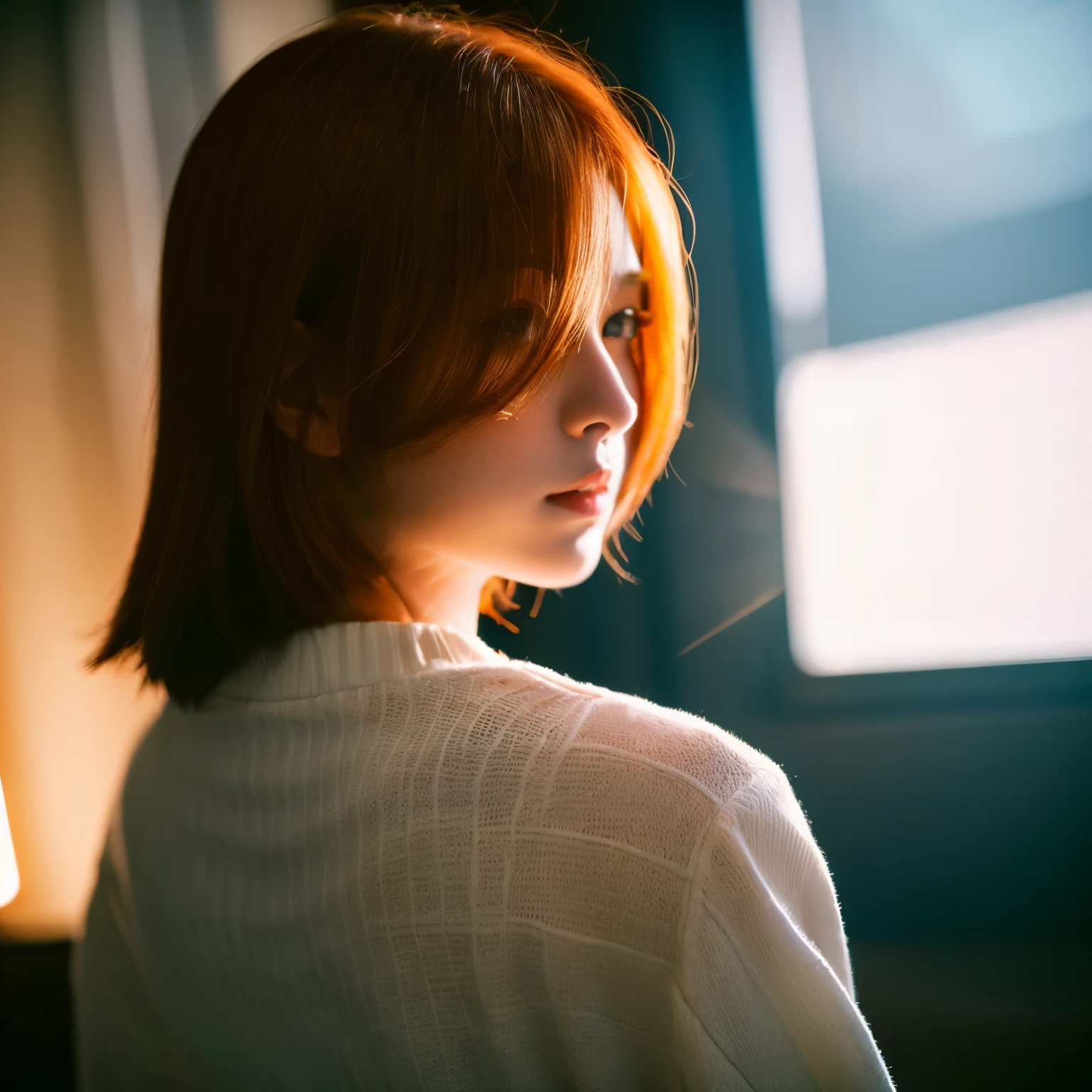 orange hair,1 girl, 21 years old, (realistic: 1.3), finely, quality, (masterpiece: 1.2), (photorealistic: 1.2), (best quality), (fine skin: 1.3), (intricate details), dramatic, ray tracing, photograph, Basking in the shadows, visual novel, full of hope, moonlight, film grain, kodak gold 200, The depth of the written boundary is 100mm, flicker