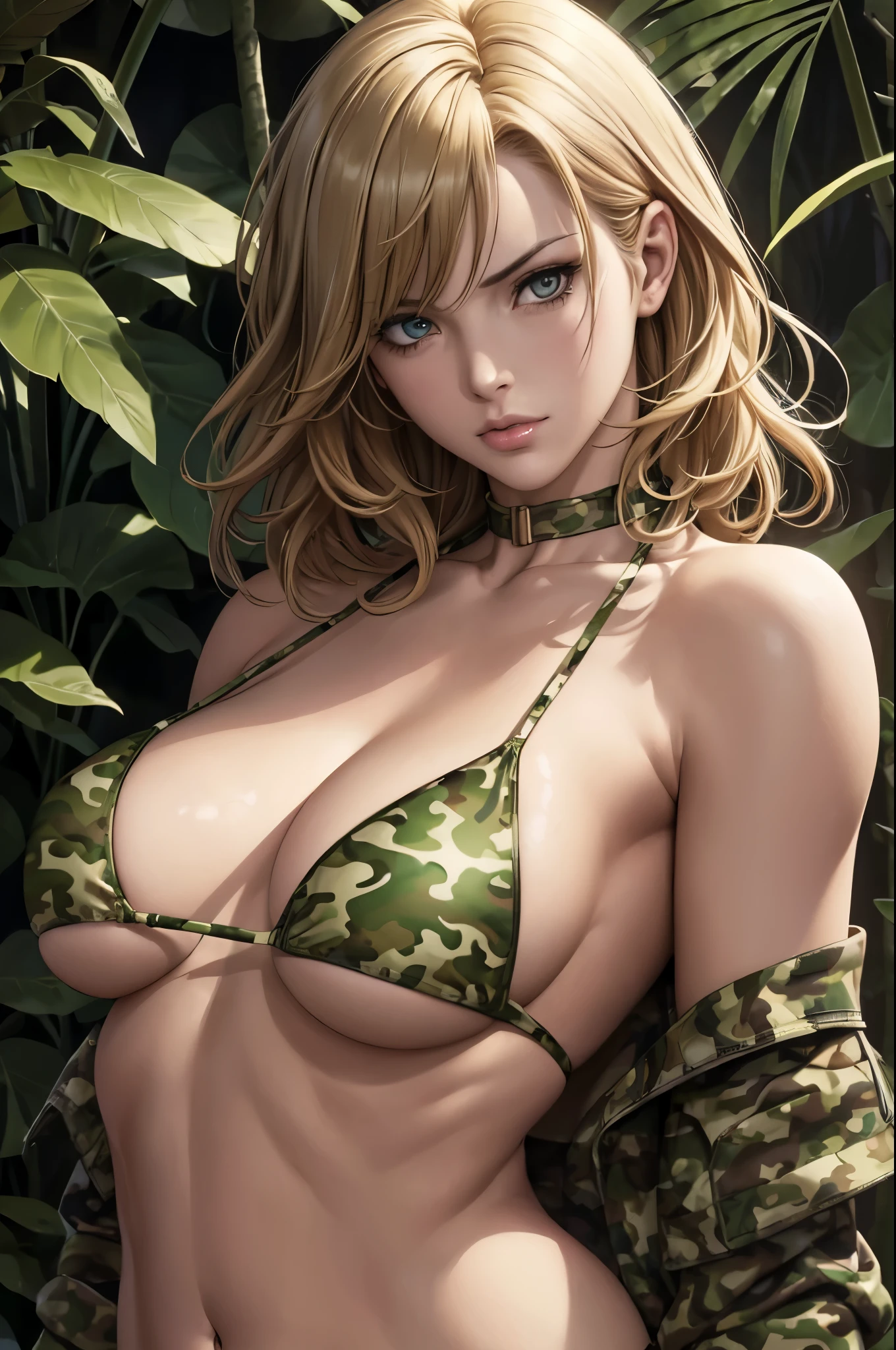 super fine illustration, ultra high resolution, masterpiece, highest quality, perfect shiny shinny skin, perfect lighting, detailed lighting, dramatic shadow, ray tracing, 1 beautiful white milf, looking at the viewer, ((small breasts:1.5)), ((beautiful detailed hazel eyes)), sharp face, clear eyes, long bang, ((medium curly hair)), ((blond hair)), ((in jungle:1.2)), ((Upper body:1.35)), ((camouflage bikini:1.35)), military harness, Alice Abernathy - Resident Evil Series, Milla Jovovich,