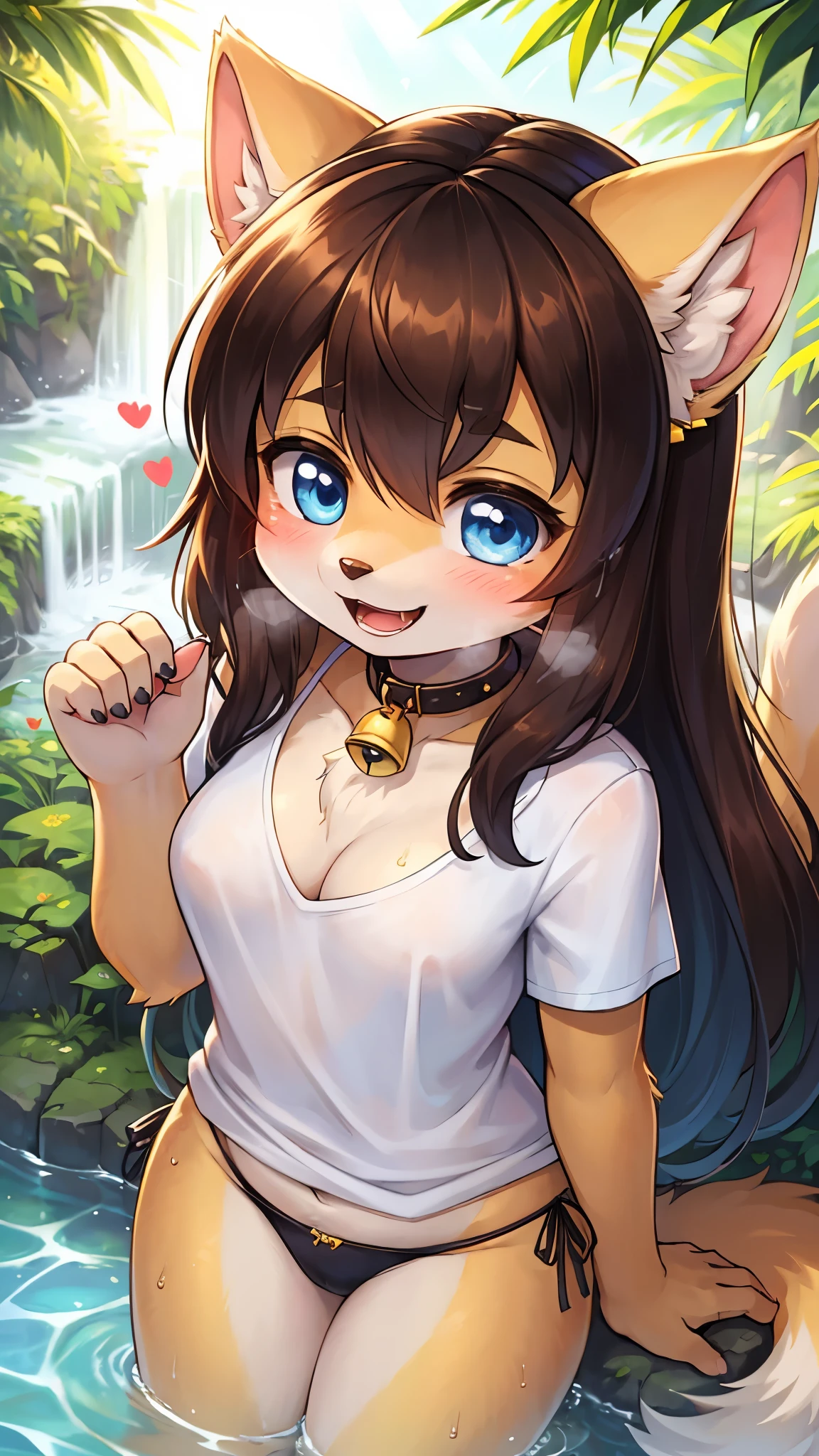 (young :1.6),cat girl,dark blue eyes,flat chest,dark brown long hair,wavy hair,messy hair,gold fur,gold canine ears,white shirt,black thong,floral hairpin,small bell collar,water fall,see through,white sunlight,wet hair,looking at viewer,full face blush,passionate face,smile,open mouth,a lot of heart eyes,heavy breath,two hands selfie