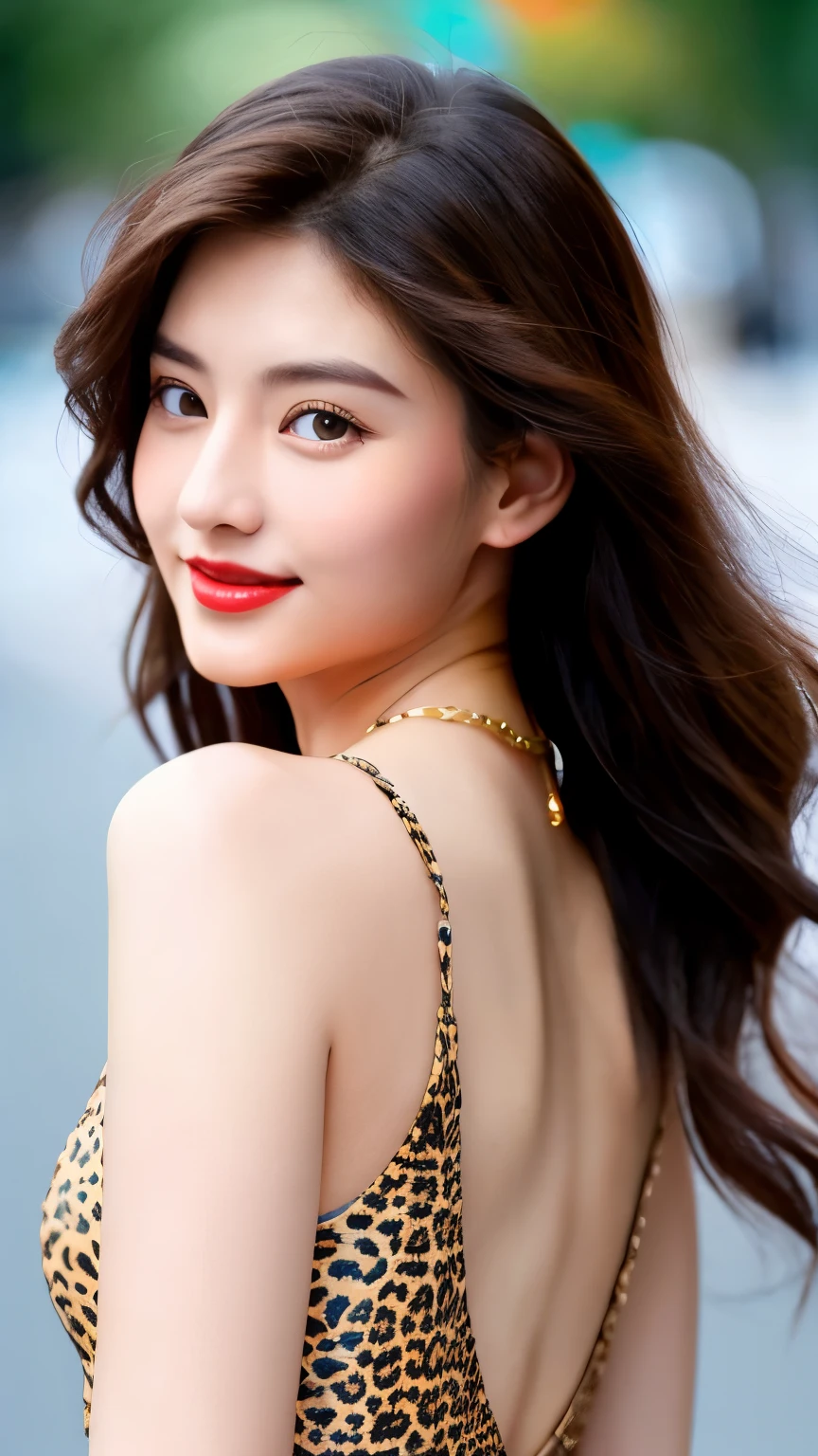 best quality, ultra-high resolution, real, photorealistic, 8K, masterpiece, BREAK, a Japanese beach woman, cute, young, full body, full body, BREAK, long and light brown hair, white skin, blushing cheeks, detailed red lips, drunk, smile, BREAK, leopard leather jacket, a big necklace, BREAK, (a lamborghini:1.3, a lamborghini:1.2, a lamborghini, a lamborghini, a sport car, in a street), natural lighting