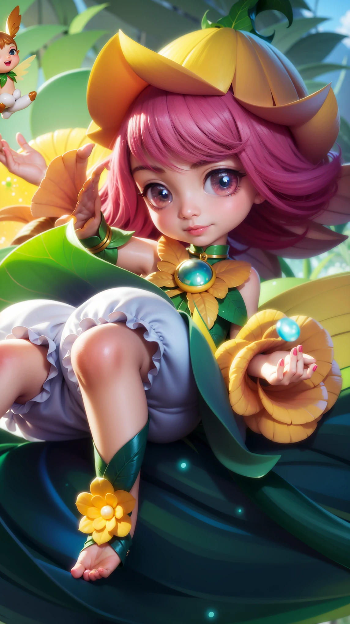 a close up of a cartoon girl laying on a leaf, elf girl wearing an flower suit, artgerm lau, ! dream artgerm, extremely detailed artgerm, cushart krenz key art feminine, style artgerm, space flower fairy, pixie character, artgerm detailed, orianna, cute detailed digital art, artgerm style