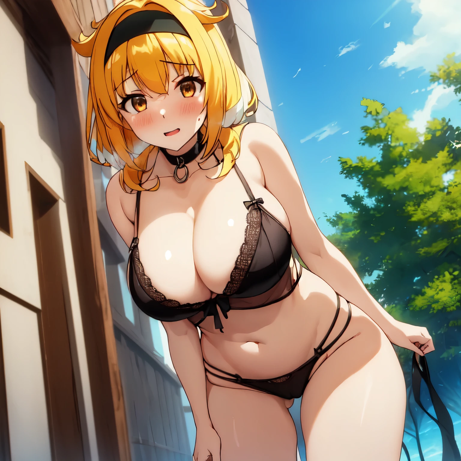  NSFW,just_shoulder, abdomen, belly button,bikini armor,blonde hair, length_hair, hairband, 前hair, Brown_eye, 1 girl,beautiful finger, 美しい length legs, beautiful body, beautiful nose, beautiful character design, perfect eye, perfect face, (Focus on her 顔),very detailed, perfect lighting, colorful, (((masterpiece))), ((highest quality)) ,embarrassed face,confused,fine lingerie,sexy lingerie,sexy pose, first round,outdoors