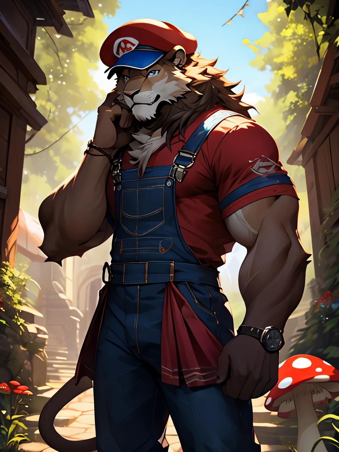 4k, ,8K, A high resolution, best quality, perfect colors, perfect shadows, perfect lighting, posted on e621, (by Chunie, by canyne khai, by t.y.starale), male, furry, Lion anthro, soon Tail), white fur, Blue eyes, (Realistic eye details 1.2), (masterpiece), abs, (bestquality) supermario, blue overalls, red shirt, red cap, mushroom kingdom in the background, giant mushrooms in the background, dramatic lighting, soft lighting, day, highly detail, Hair coiled, in a panoramic view, Slim body, full body like, fit body, perfect male figure, Detailed fur, Detailed face, (Complex), (Super Detail), (Ultra Clear), (Best Quality)