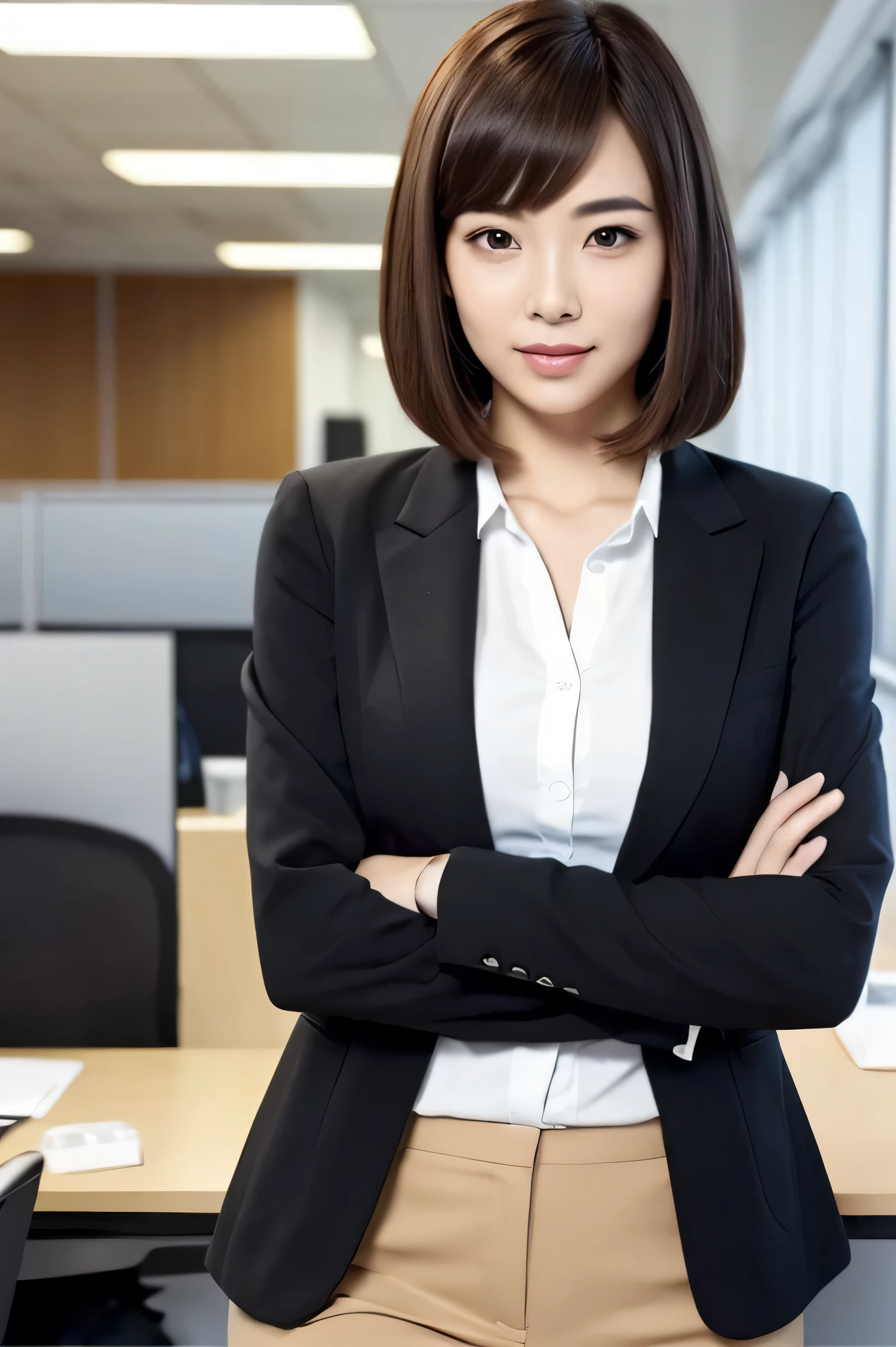 Depicts a new office lady with brown hair and a bob cut.、Generate extremely high quality and realistic CG images。The subject is a woman in her 20s.、wearing a black suit。Details of the suit and texture of the fabric、Texture and luster of brown hair、Please pay close attention to details such as the bob cut hairstyle.。She had a confident look on her face.、Try to give the impression that you take your job seriously in an office environment。The background should be clean and create an office-like atmosphere.。