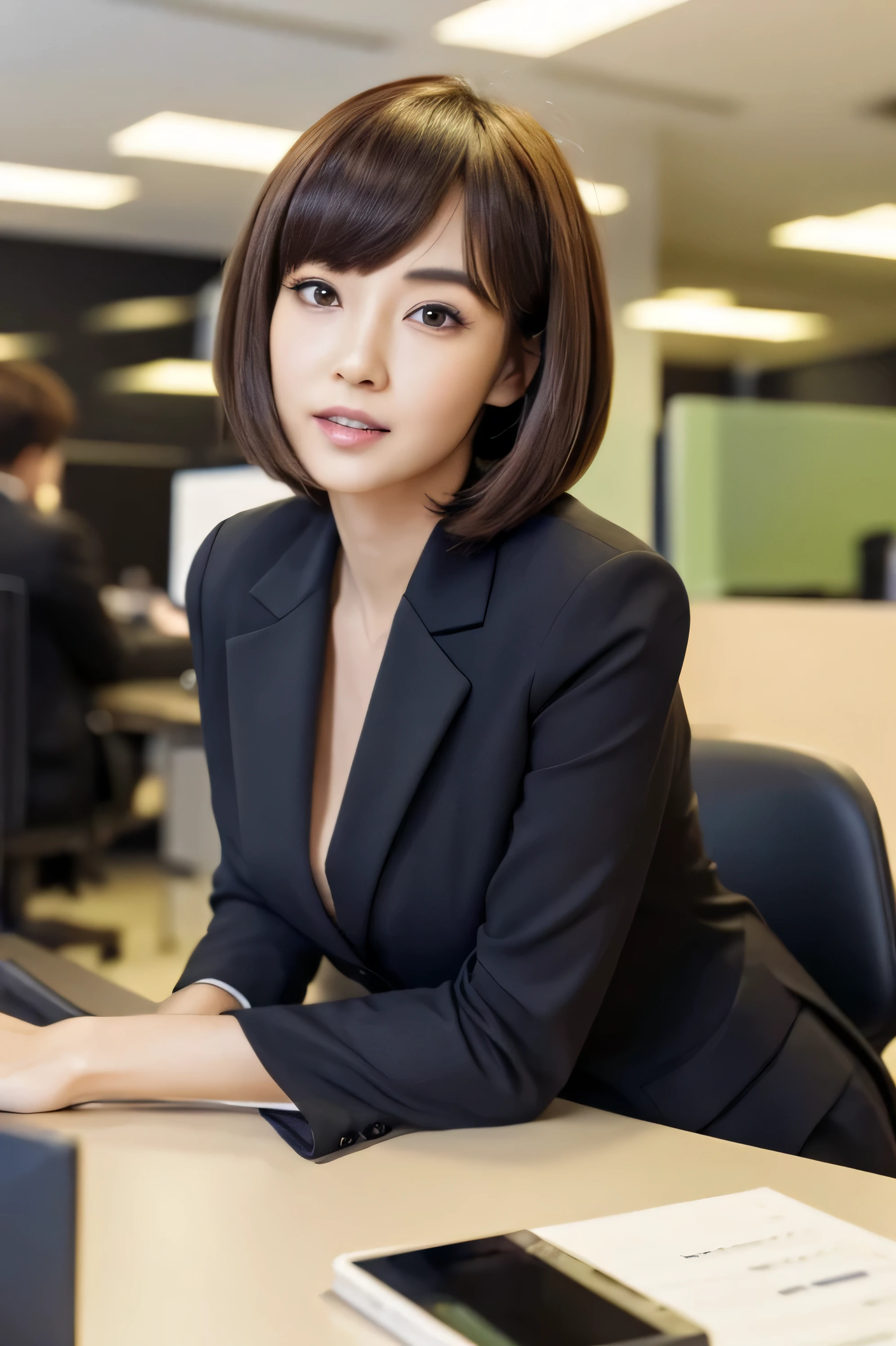 Depicts a new office lady with brown hair and a bob cut.、Generate extremely high quality and realistic CG images。The subject is a woman in her 20s.、wearing a black suit。Details of the suit and texture of the fabric、Texture and luster of brown hair、Please pay close attention to details such as the bob cut hairstyle.。She had a confident look on her face.、Try to give the impression that you take your job seriously in an office environment。The background should be clean and create an office-like atmosphere.。
