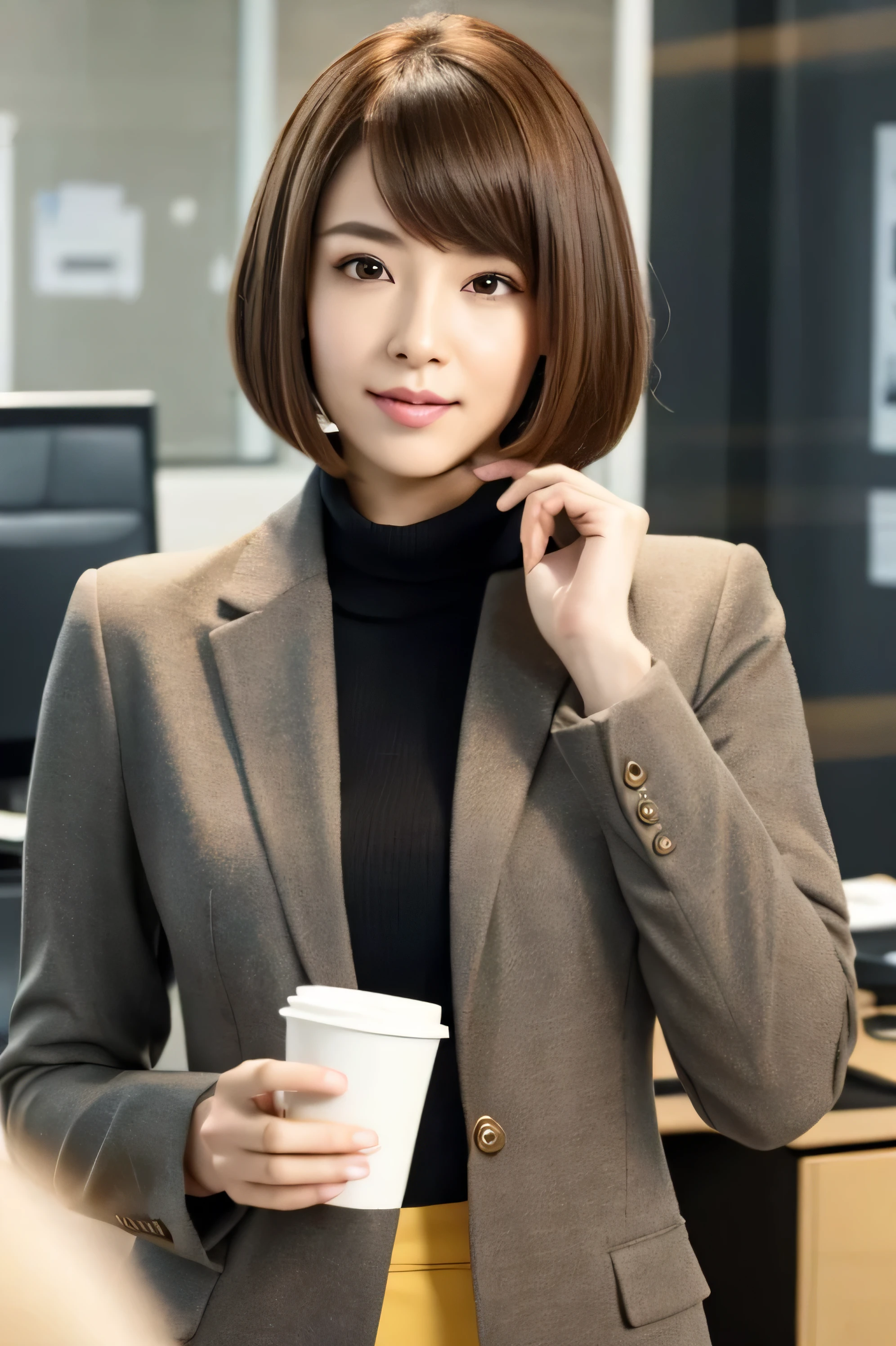 Depicts a new office lady with brown hair and a bob cut.、Generate extremely high quality and realistic CG images。The subject is a woman in her 20s.、wearing a black suit。Details of the suit and texture of the fabric、Texture and luster of brown hair、Please pay close attention to details such as the bob cut hairstyle.。She had a confident look on her face.、Try to give the impression that you take your job seriously in an office environment。The background should be clean and create an office-like atmosphere.。