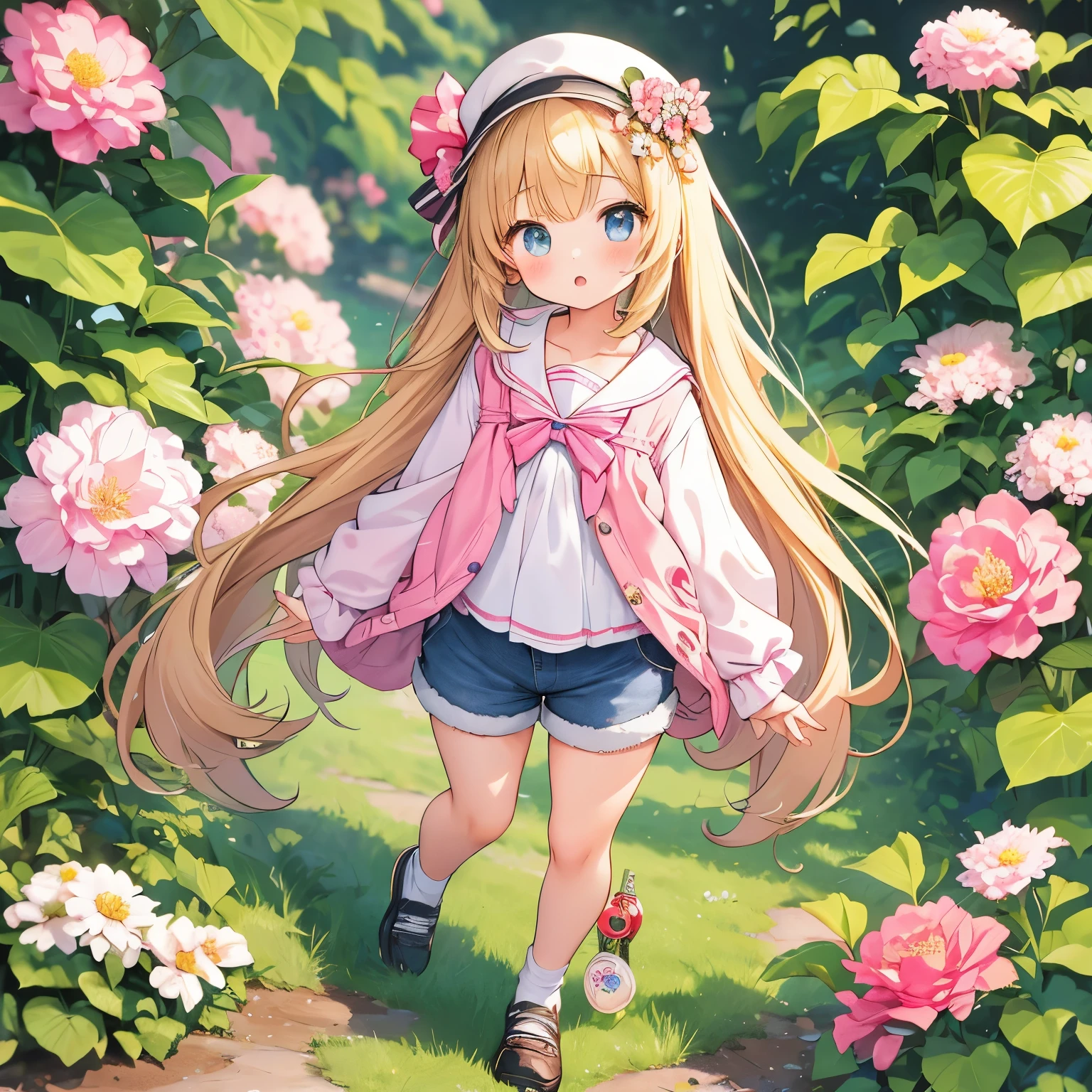 highest quality、masterpiece、full body figure、(anime style)、absurd、High resolution、beautiful background、full body figure、Spring clothes、(shorts:1.3)、、、cute girl、(12 year old girl:1.3)、beautiful background、